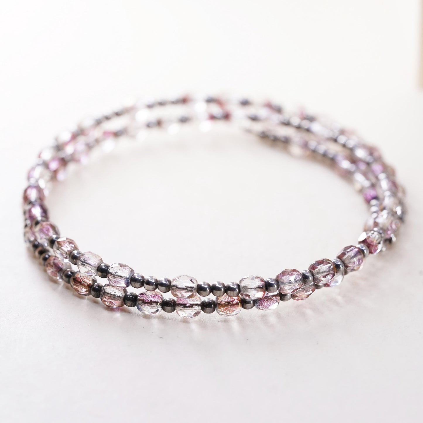 7", Vintage sterling silver handmade bracelet, 925 bangle with pink crystal