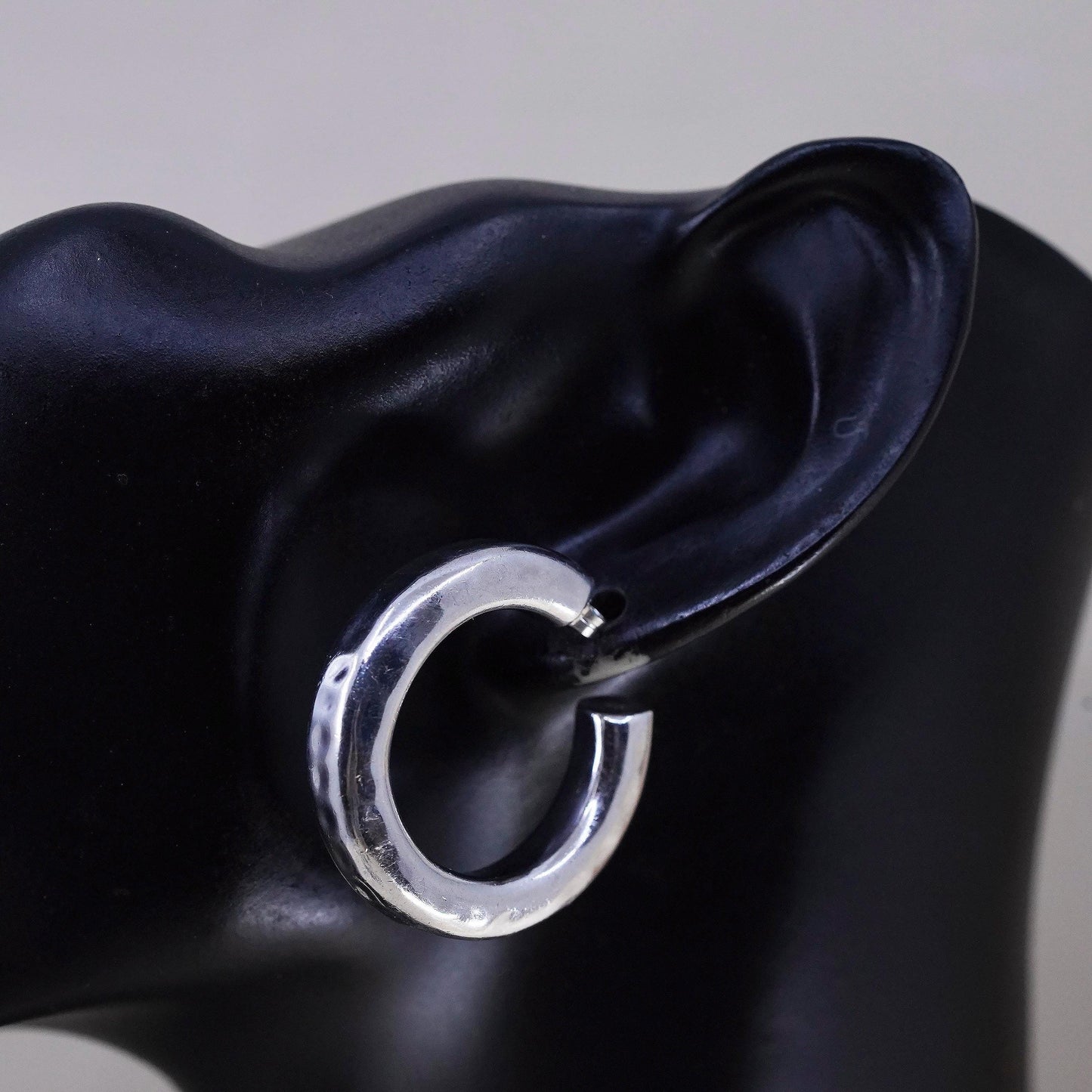 1.25” Vintage sterling 925 silver earrings, hammered textured bold hoops studs