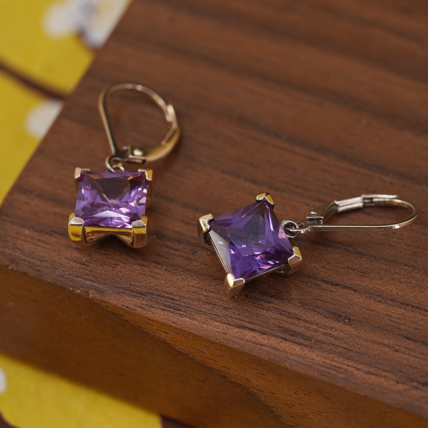 Vintage vermeil gold over Sterling 925 silver handmade earrings with square amethyst