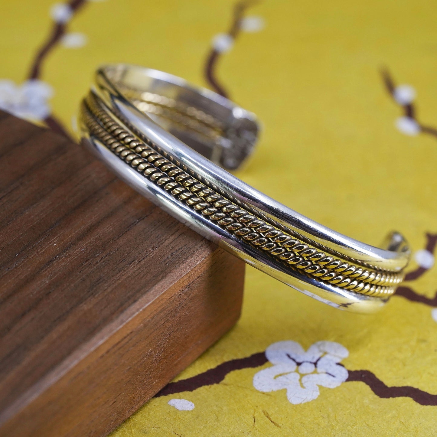 6.5”, two tone Mexican Sterling silver handmade bracelet, 925 cuff brass cable