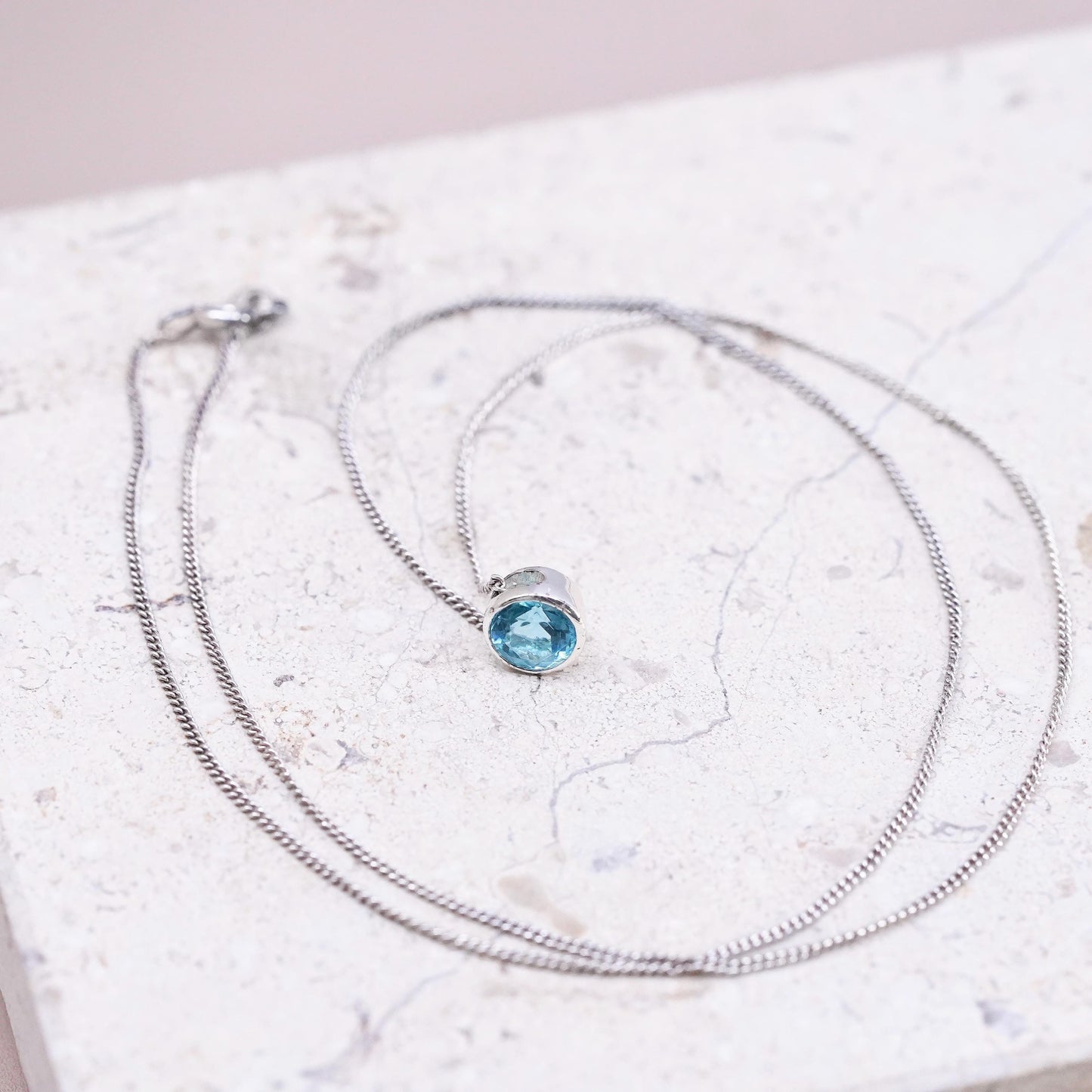 18”, vintage Sterling silver handmade necklace, 925 curb chain blue cz pendant