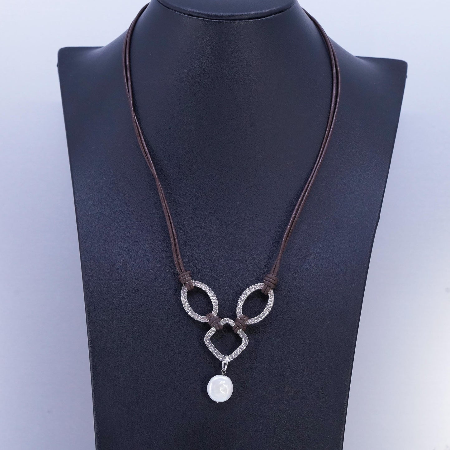 16+2”, Silpada .925 Sterling Silver Handmade Pearl brown Leather Necklace N1257