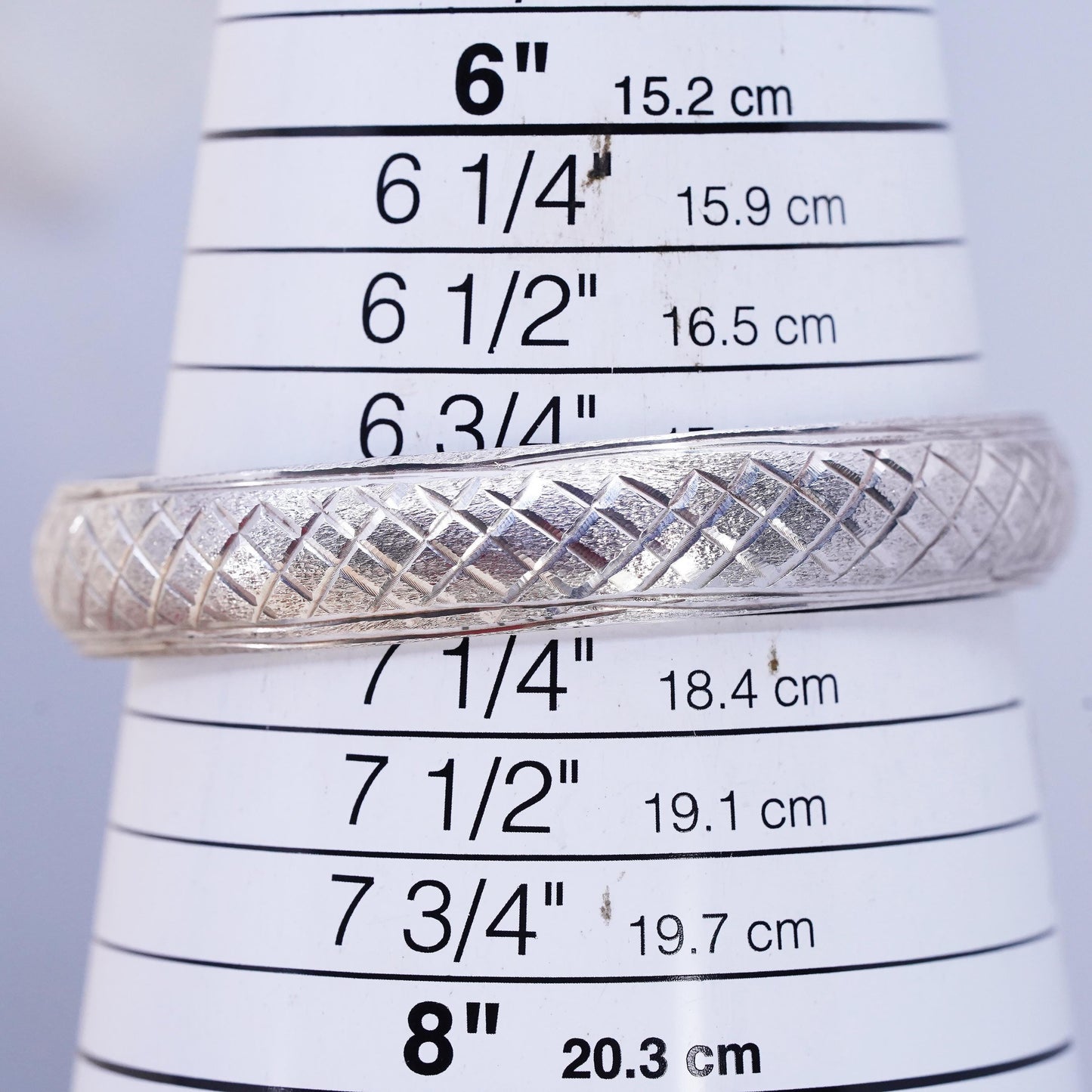 7”, vintage Sterling silver bracelet, textured 925 bangle with latch closure