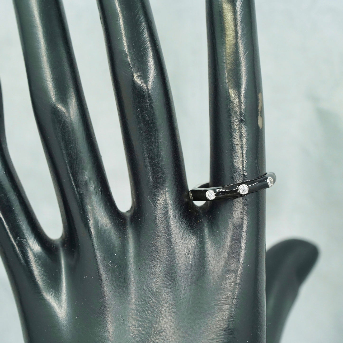 Size 7.25, vintage Sterling 925 silver handmade ring, black enamel band with cz