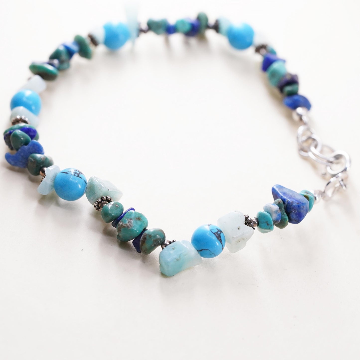 7”, southwestern Sterling 925 silver bracelet turquoise jade lapis lazuli beads