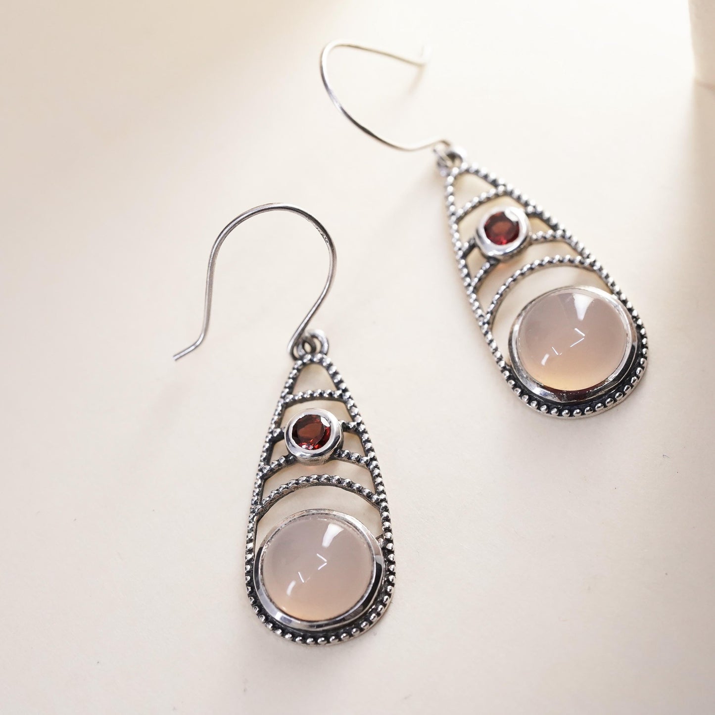 Vintage Sterling 925 silver handmade earrings with pink quartz and garnet