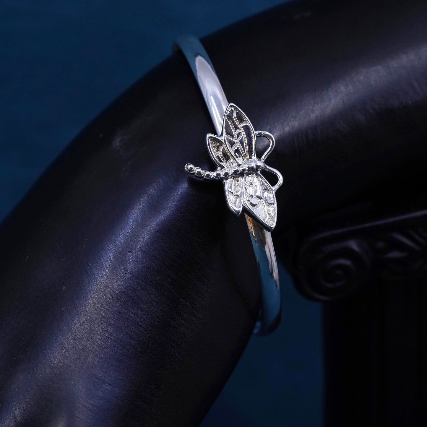 7", vintage Sterling silver handmade bracelet, 925 hinged dragonfly bangle