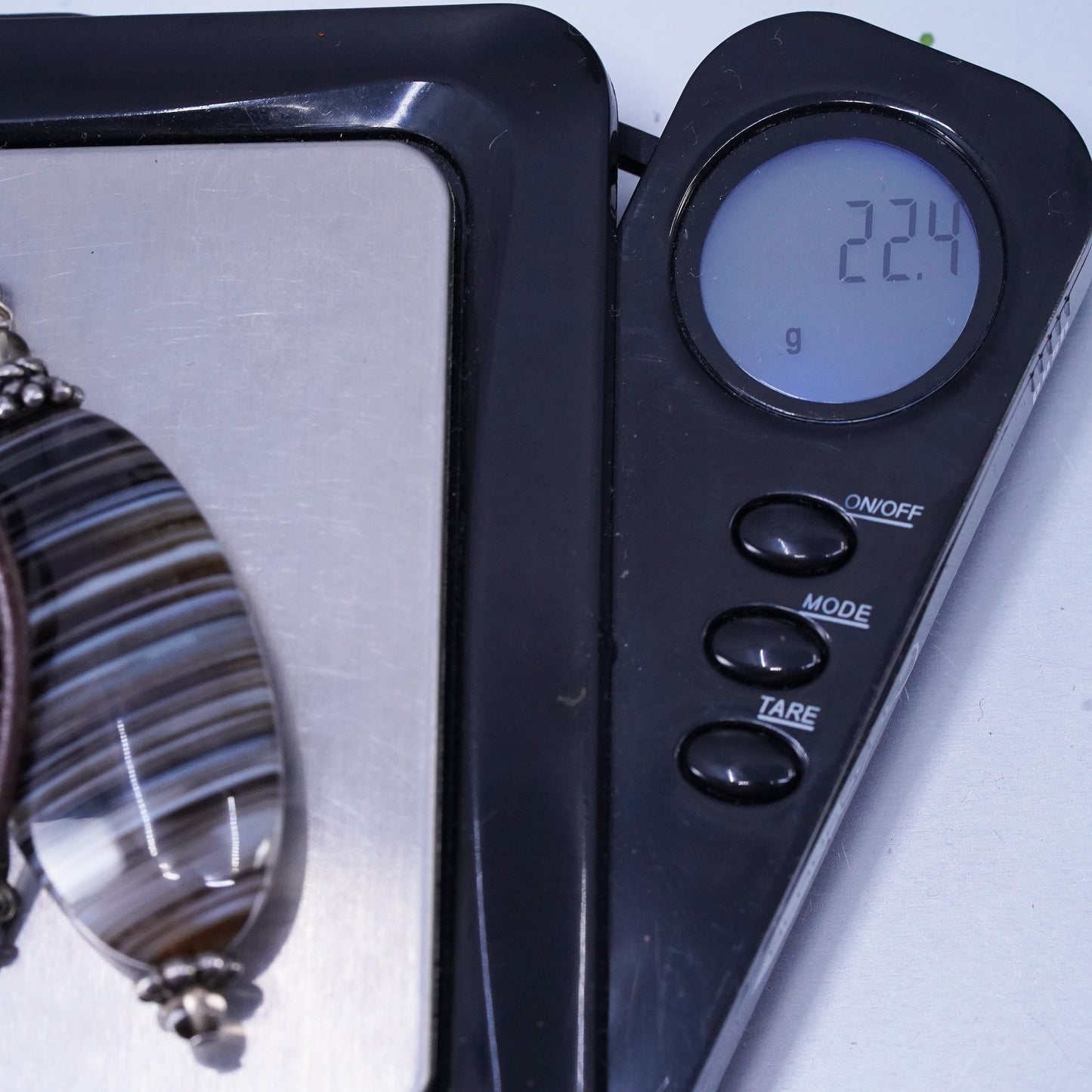 16", vintage 925 Sterling Silver Handmade brown Leather Necklace agate pendant