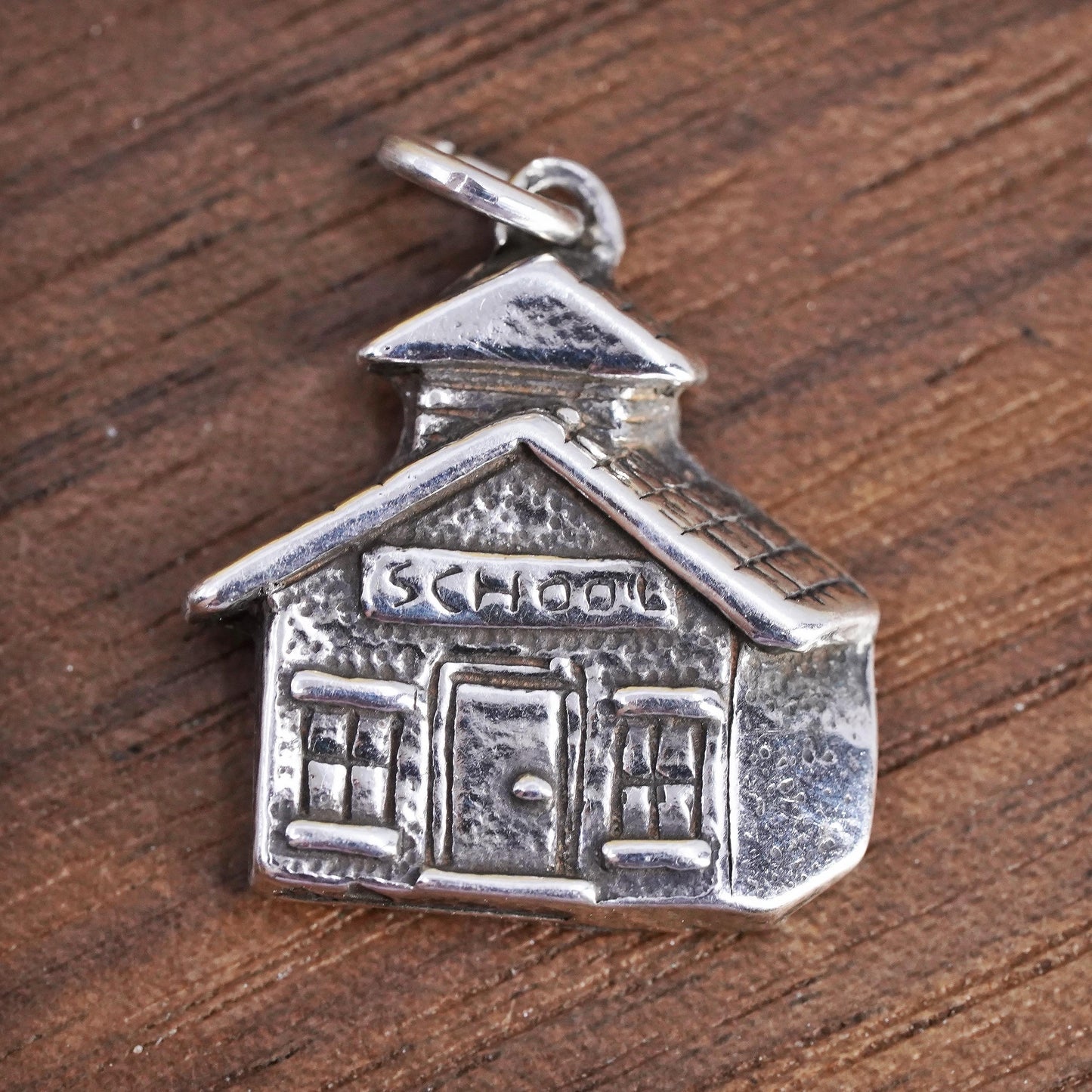 Vintage Sterling 925 silver handmade tag, school house charm pendant
