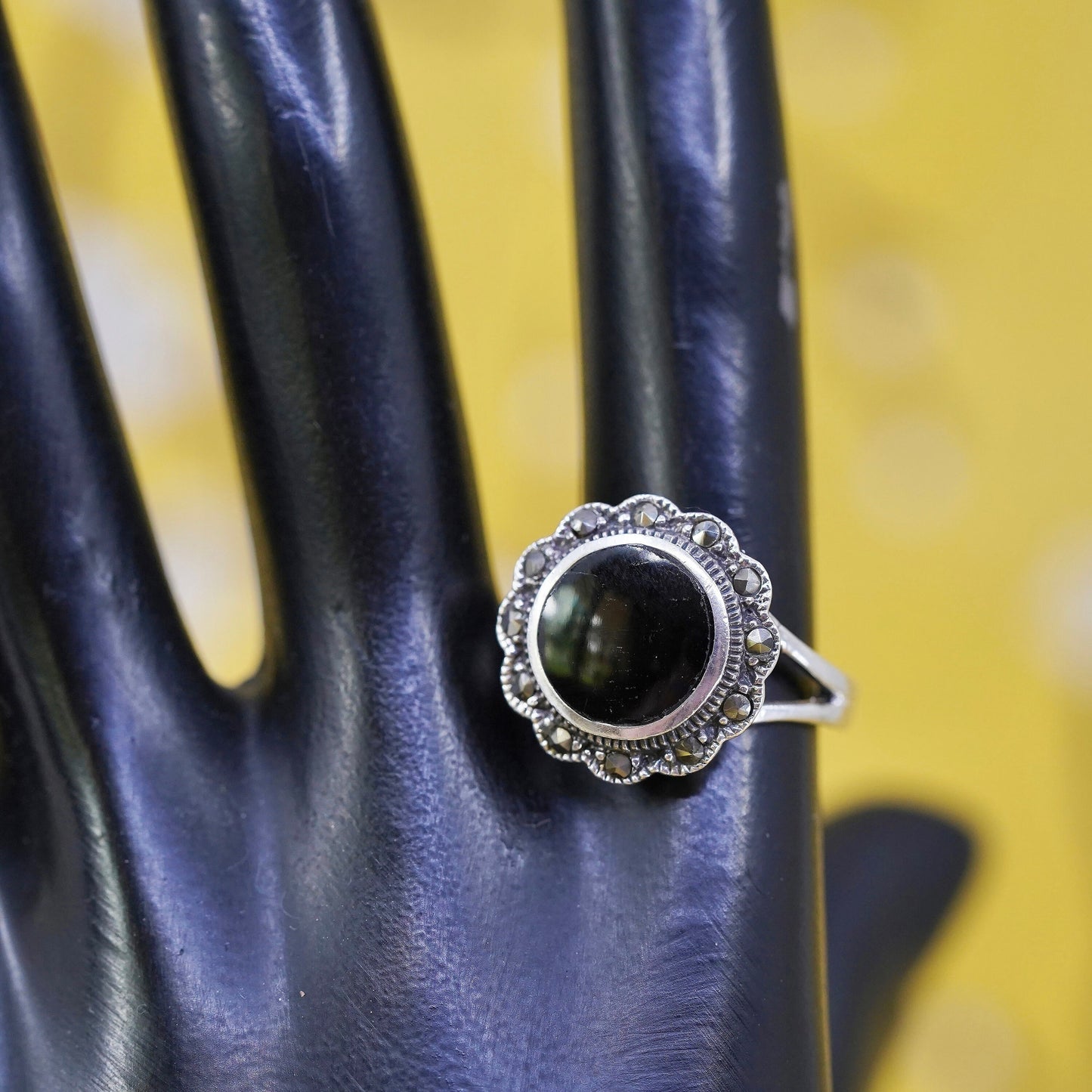 Size 9.25, Sterling 925 silver handmade ring with black onyx and marcasite