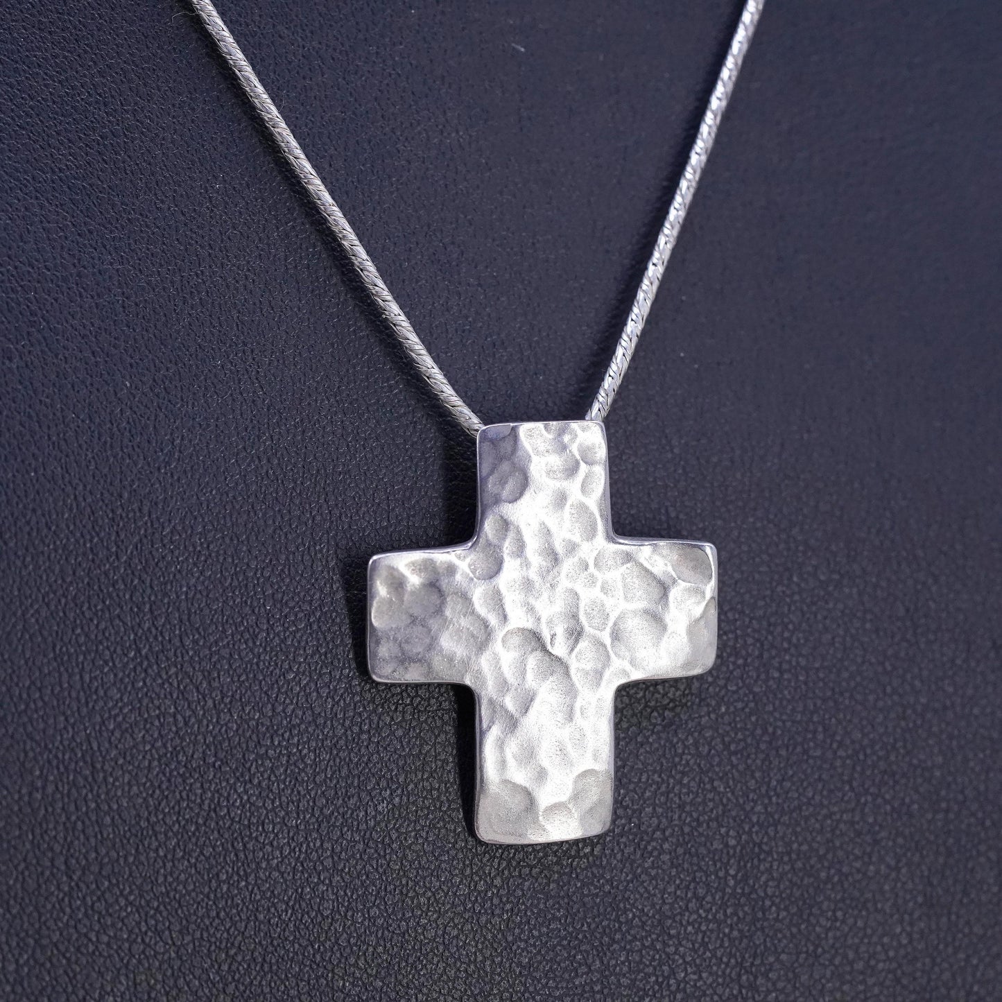 18" VTG Israel Sterling silver necklace, 925 snake chain textured cross pendant