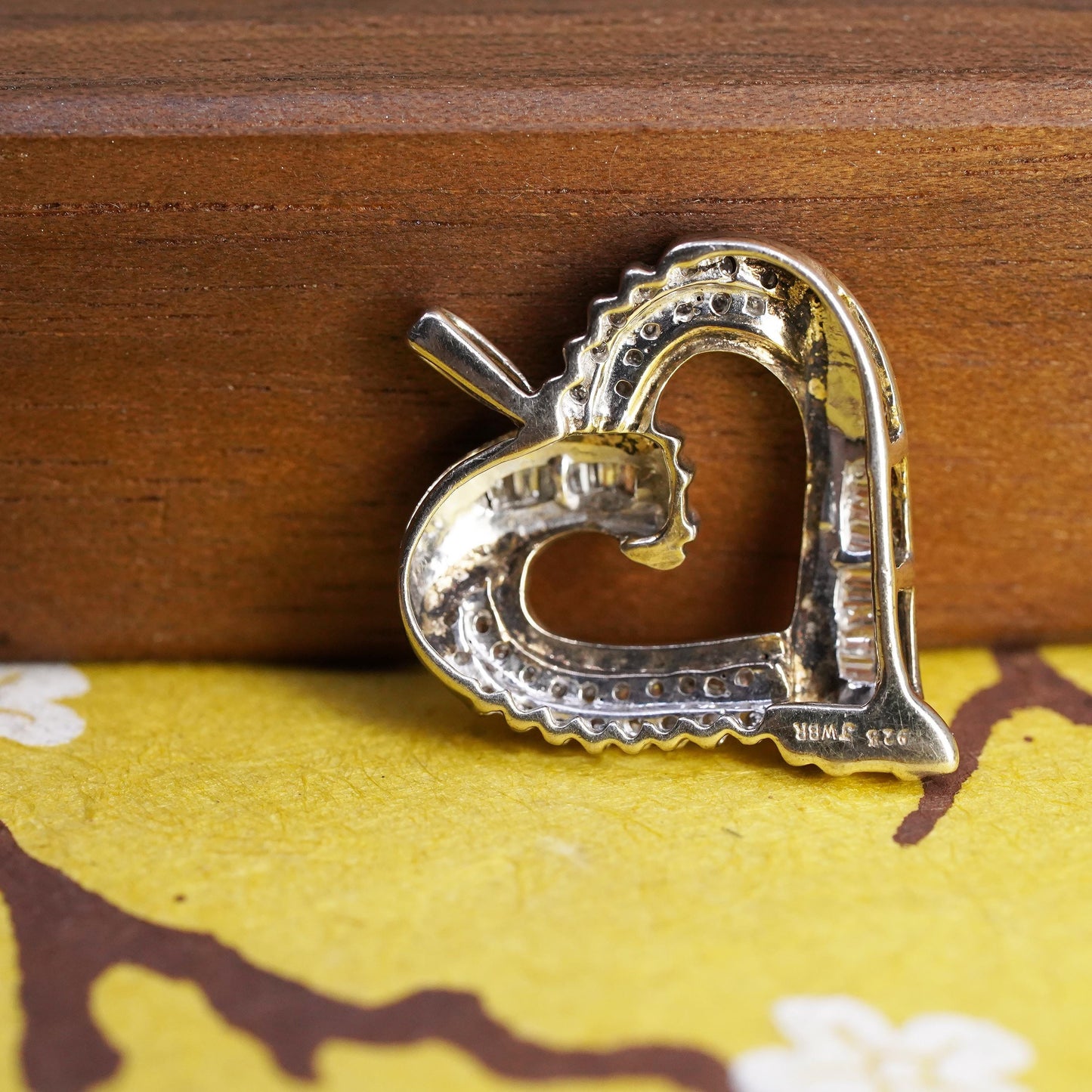Vintage JWBR sterling silver pendant, 925 ribbed heart with cluster diamonds
