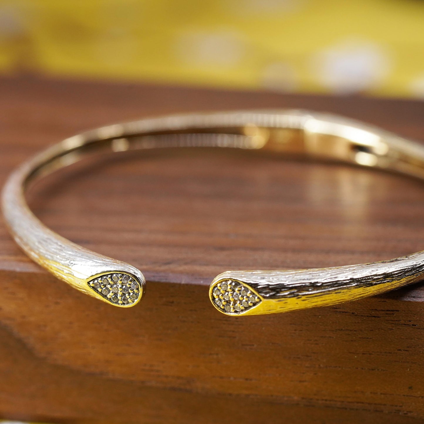 6.5", vermeil gold filled Sterling silver bracelet, 925 textured cuff cz