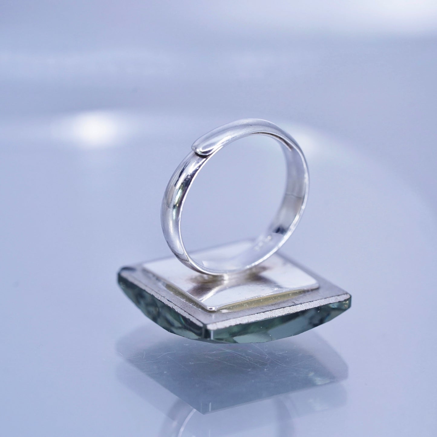 vintage Mexican Sterling 925 silver wavy ring with checkerboard cut glass