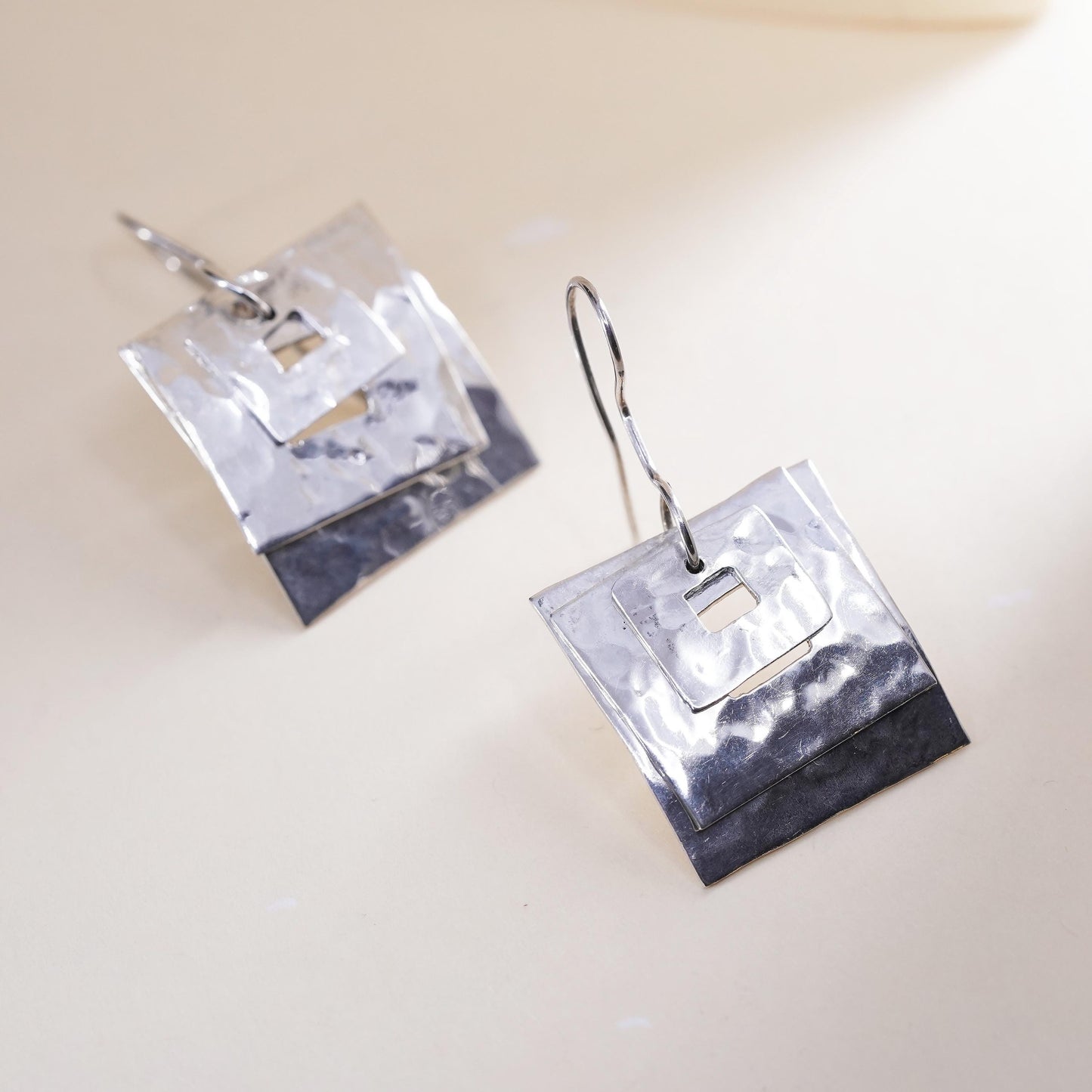 Vintage Sterling 925 Silver Hammered square disc Earrings