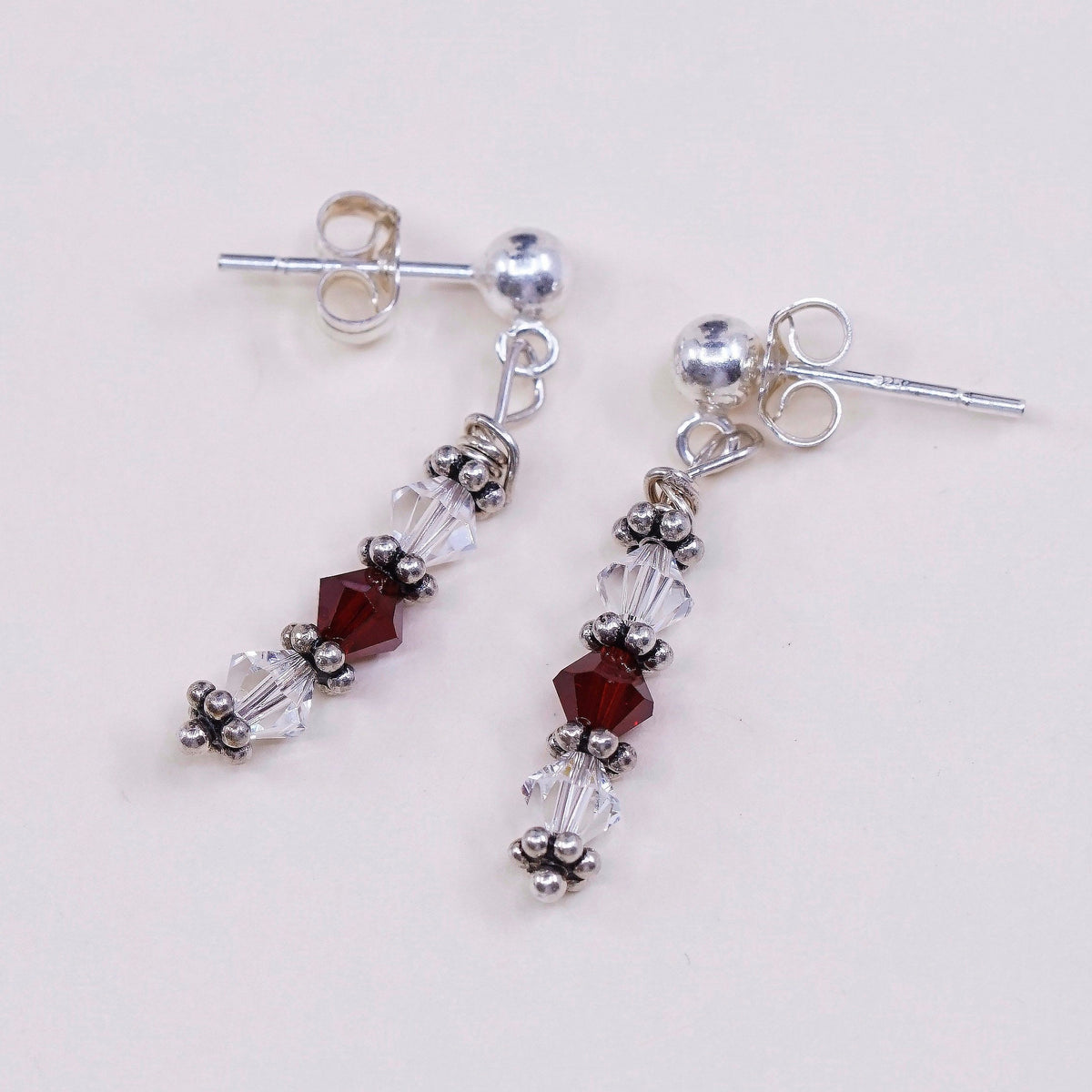 vtg Sterling silver handmade earrings, 925 w/ red Crystal beads, stamped 925
