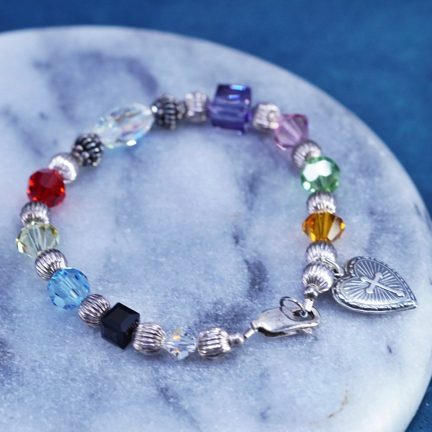 6.75”, Sterling 925 silver bracelet with colorful crystal and heart charm