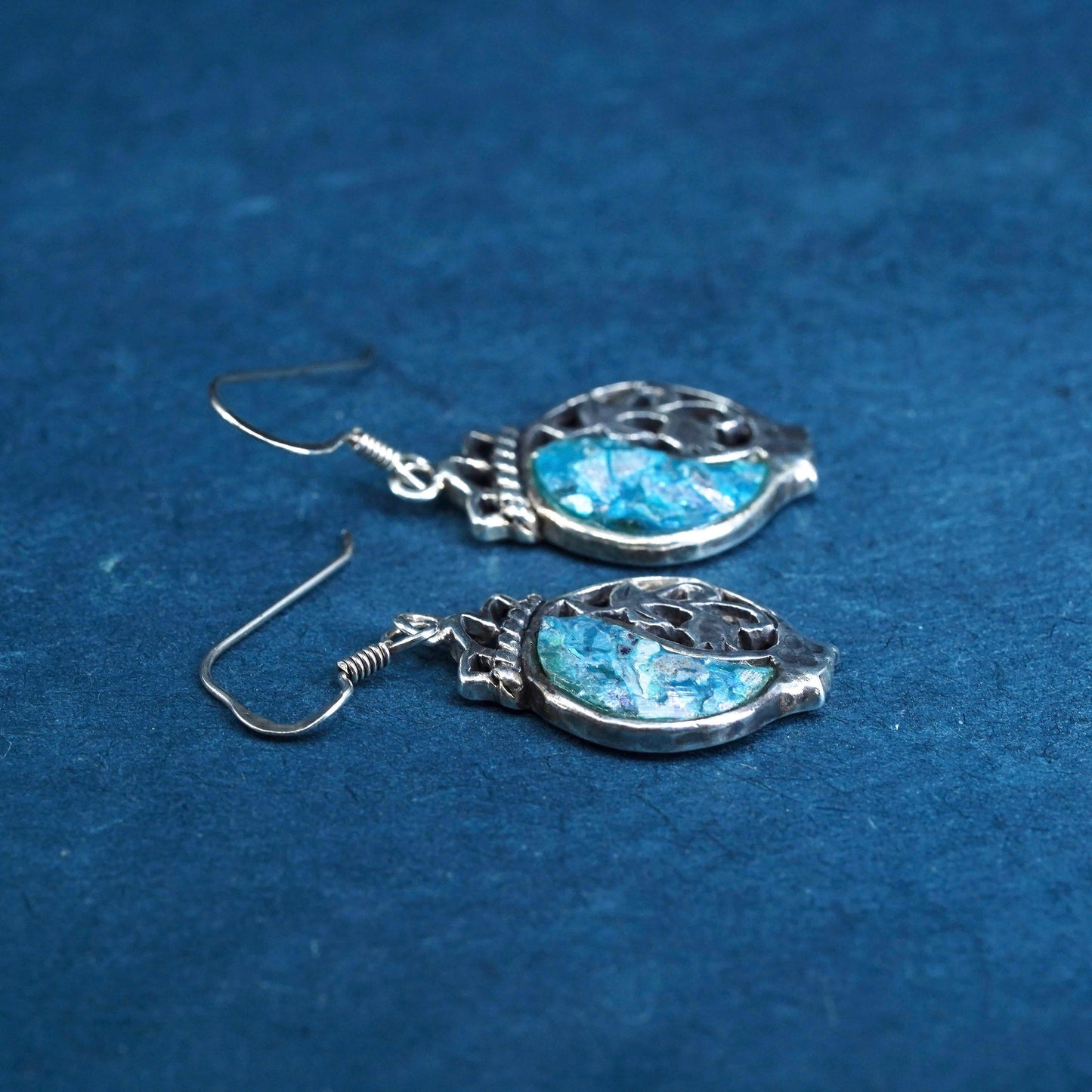 Vintage designer Sterling 925 silver handmade circle earrings with Roman glass