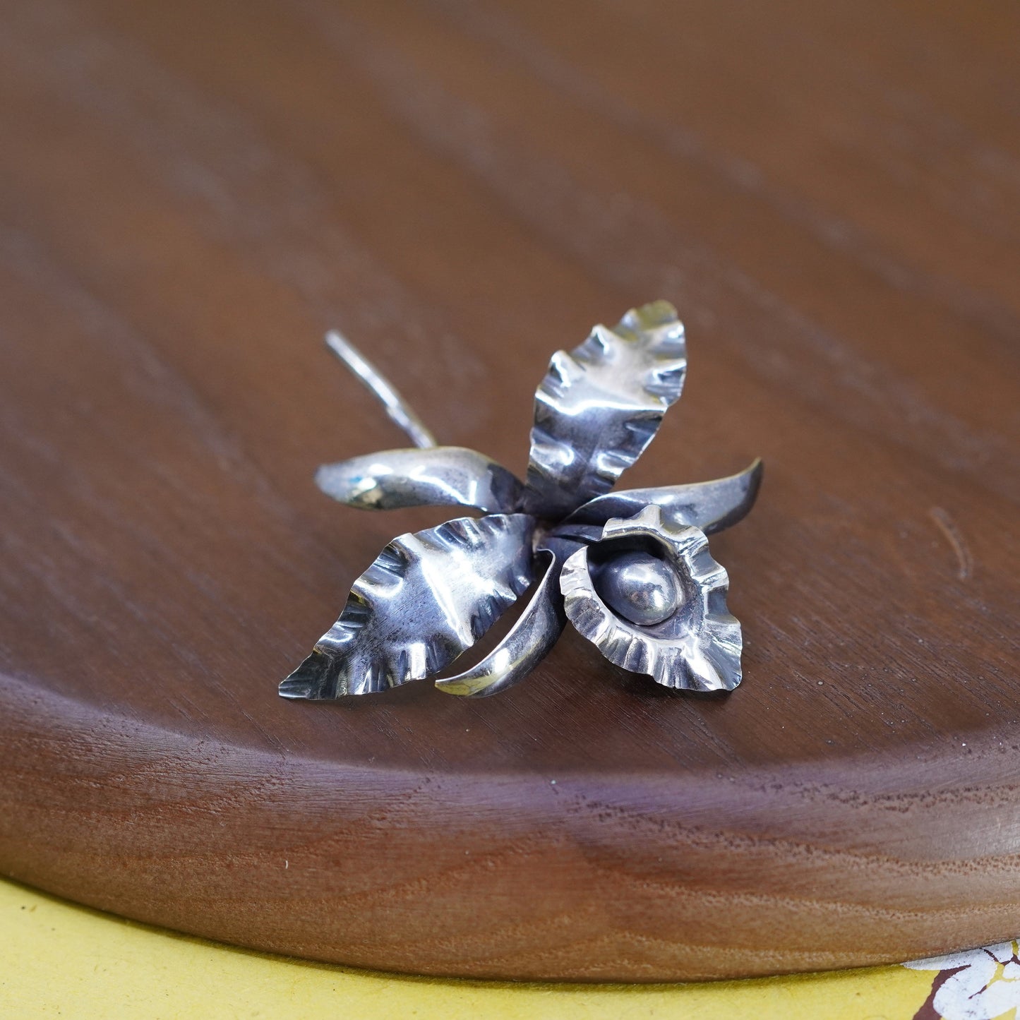Vintage handmade sterling 925 silver orchid flower brooch