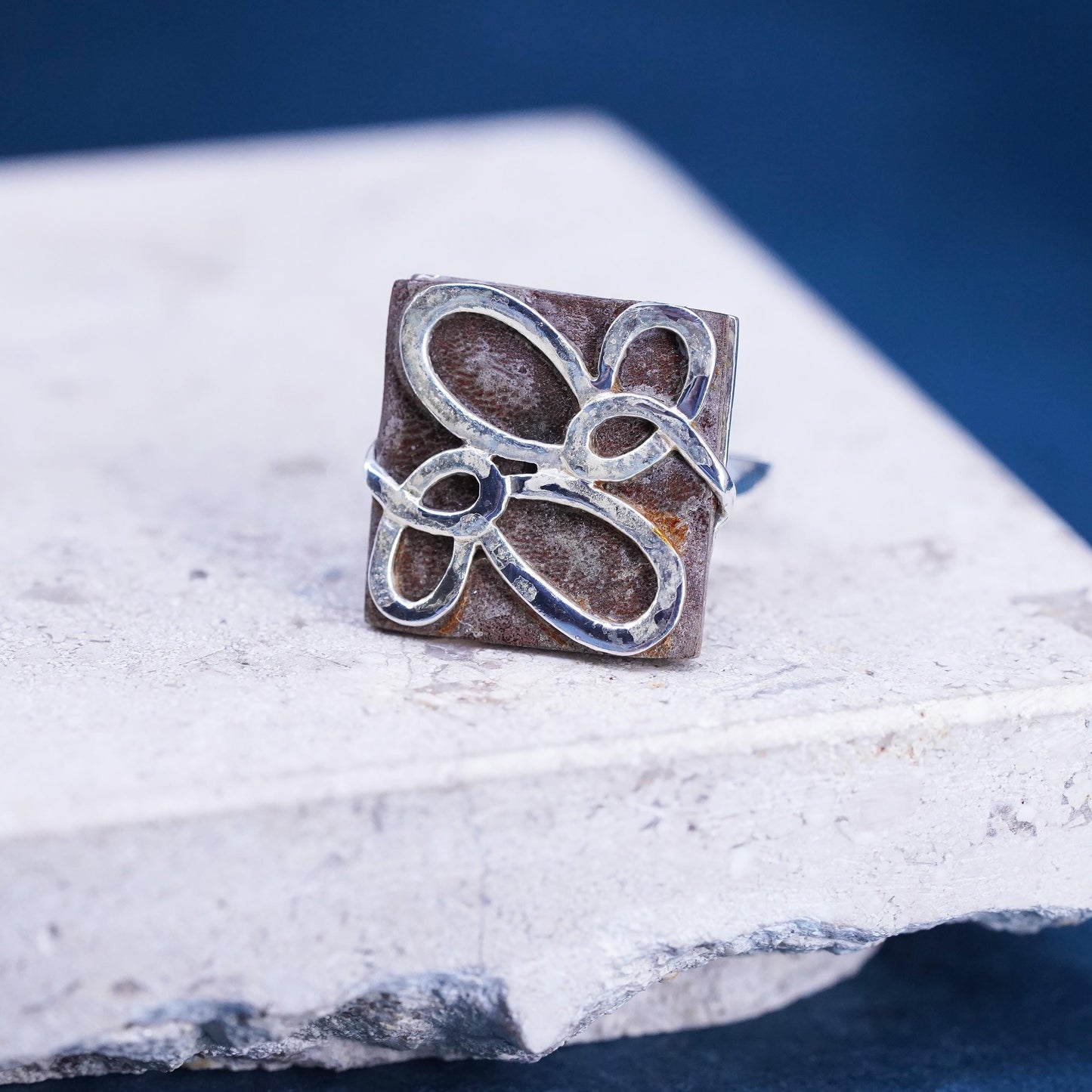 Size 7, vintage Sterling 925 silver handmade square ring w/ abstract butterfly