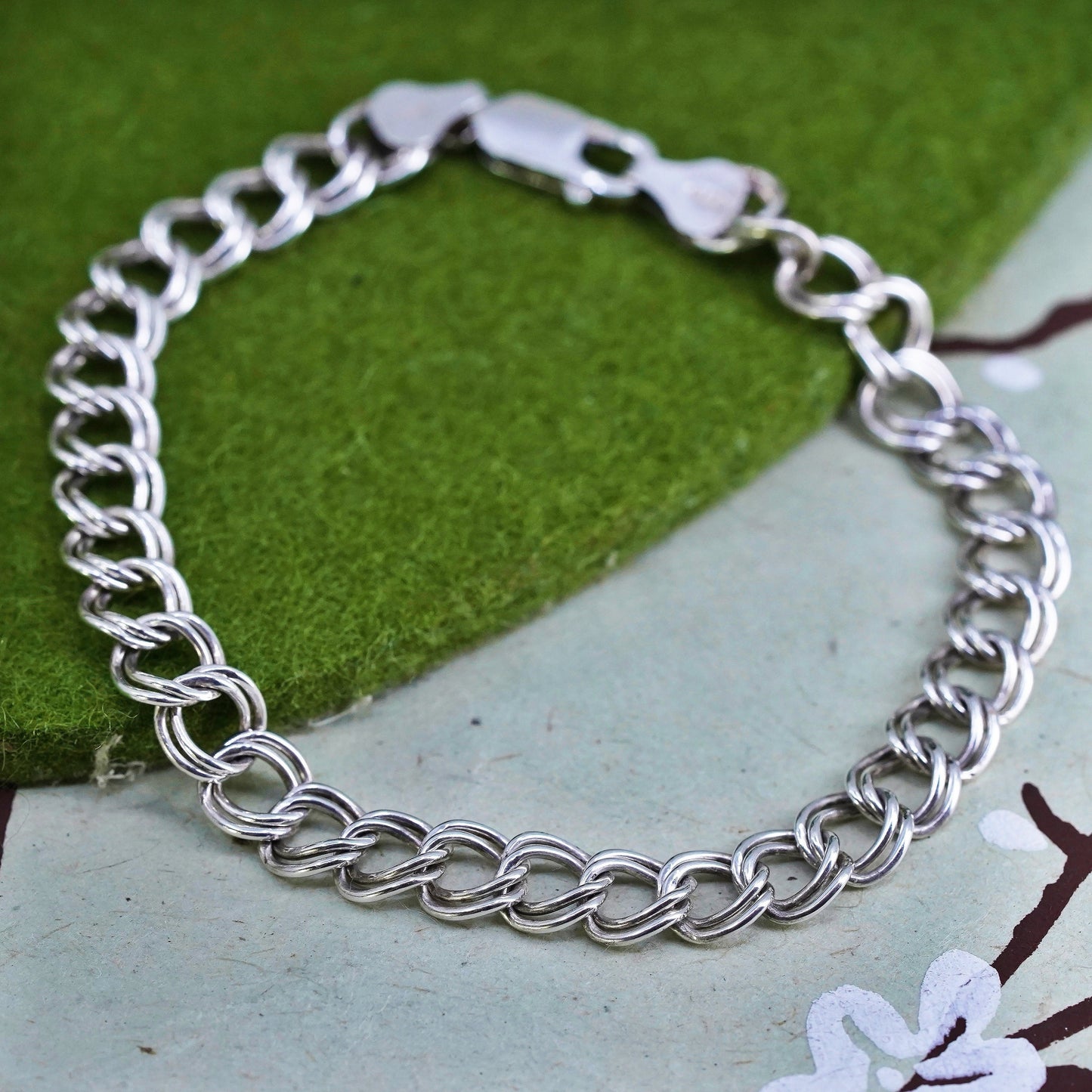 7.75", 8mm, Vintage sterling silver bracelet, 925 double curb chain