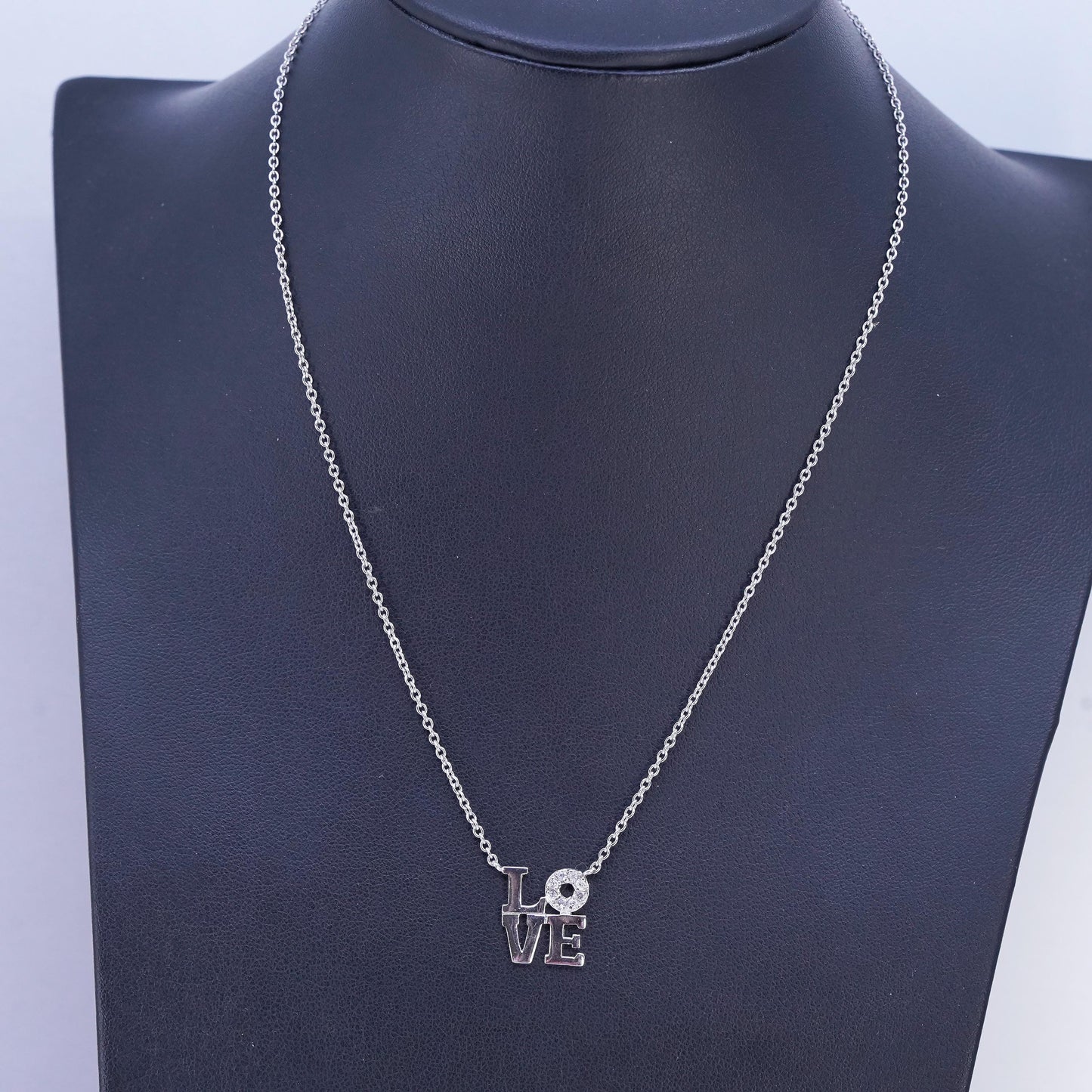 16", vintage Sterling 925 silver circle pendant necklace with love pendant Cz