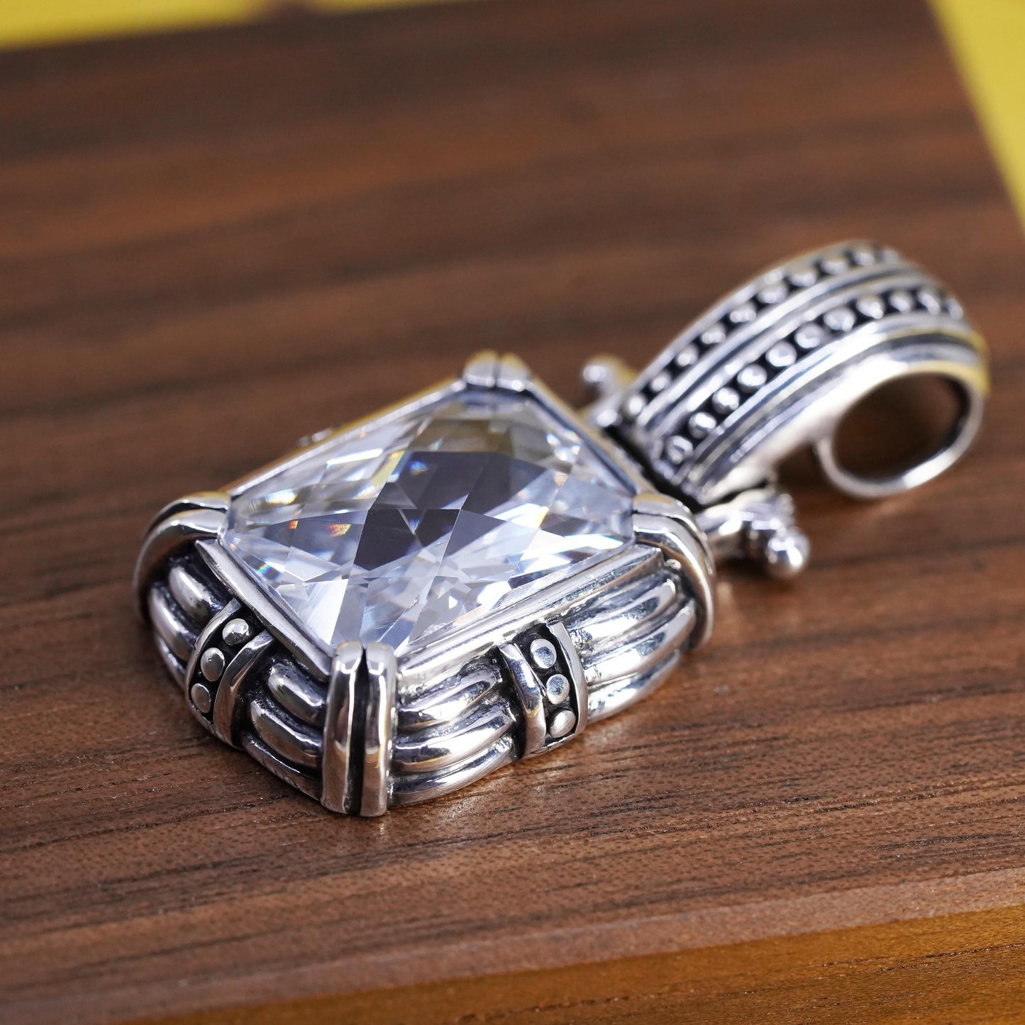 Vintage Sterling 925 silver handmade bead textured pendant with cz