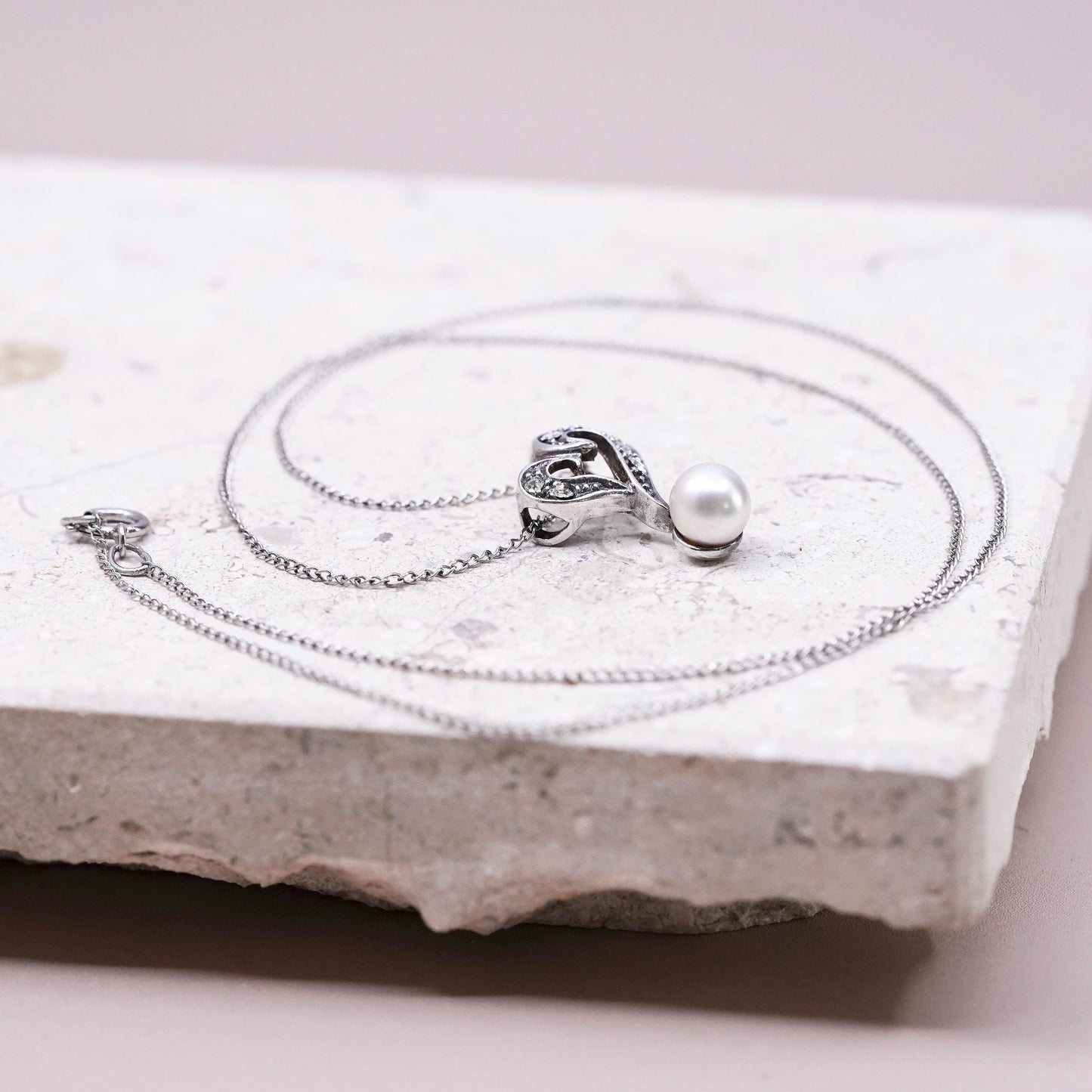 18", vintage Sterling silver necklace, 925 curb chain heart pearl cz pendant