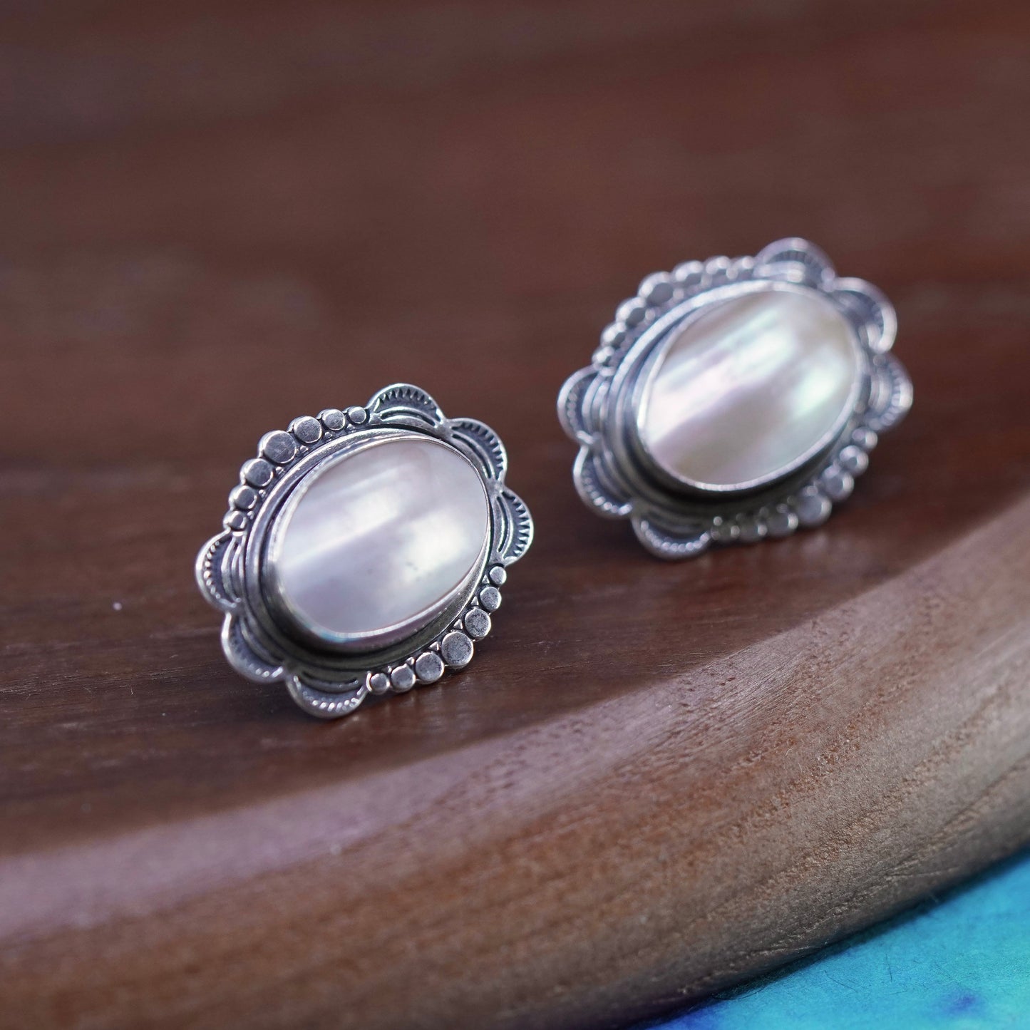 Quoc Turquoise Q.T. Sterling Silver Handmade Earrings, oval pearl 925 studs