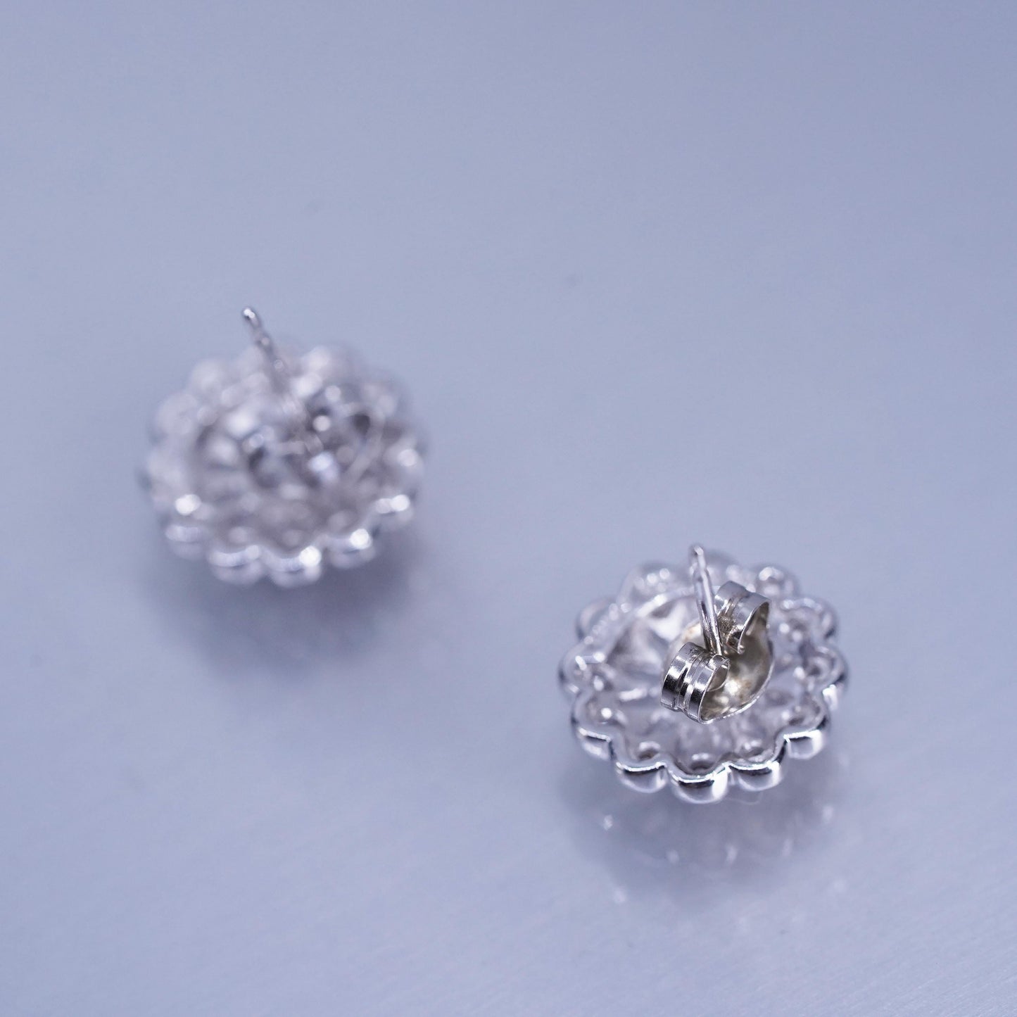 Vintage Sterling 925 silver handmade earrings, flower studs with cz