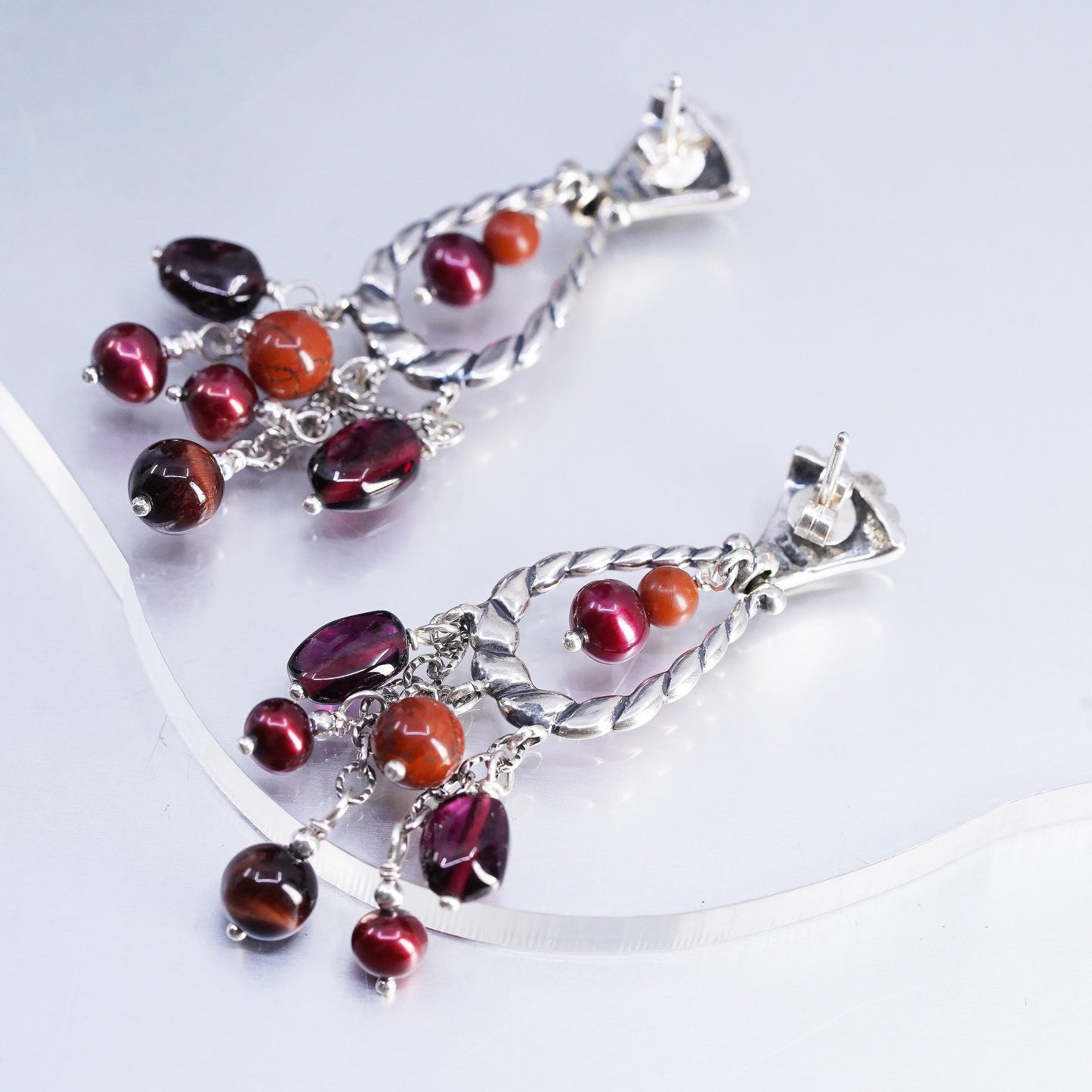 Carolyn Pollack 925 Sterling Silver Garnet Chandelier Earrings, Pearl Dangles