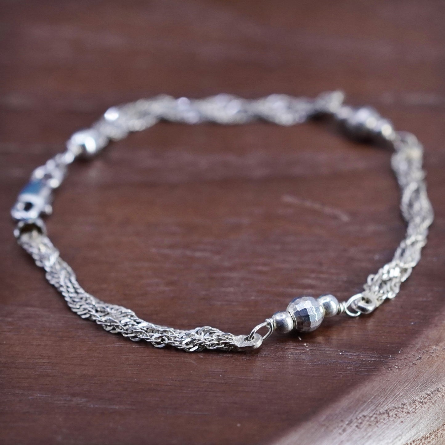 7.5”, vintage Sterling silver handmade bracelet, 925 twisted curb chain beads