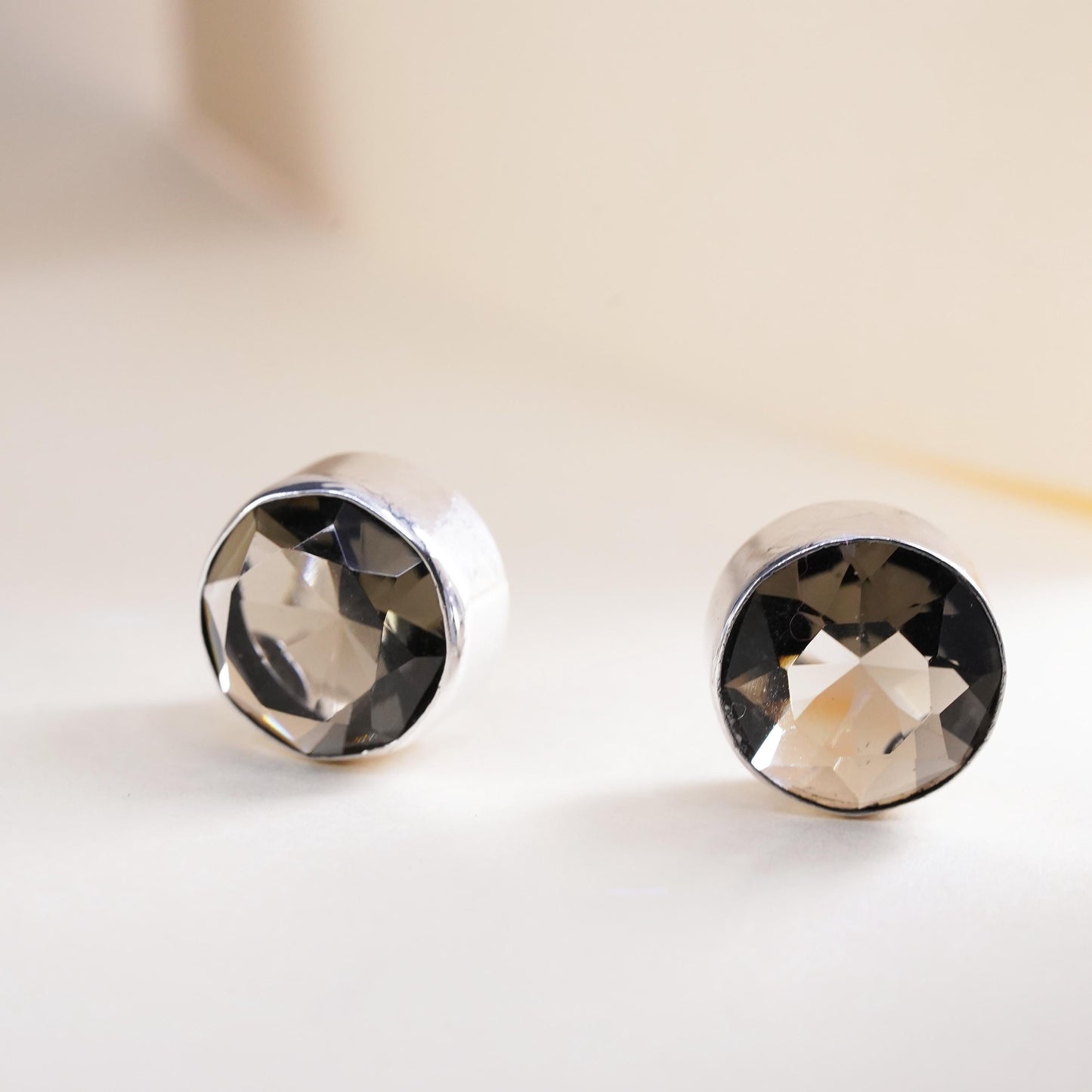 0.5”, Vintage sterling silver smoky quartz circle studs, fashion minimalist earrings