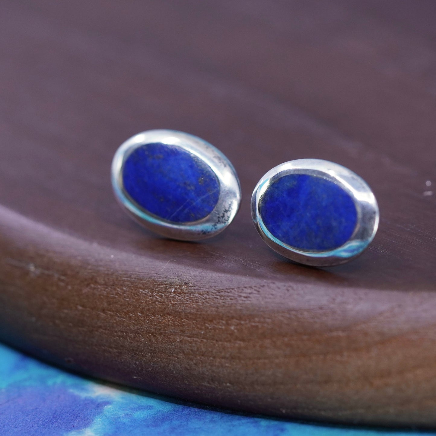 Vintage Sterling silver handmade earrings, oval studs with sodalite inlay
