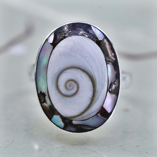 Size 7, Vintage sterling silver ring, handmade 925 band shiva eye snail shell