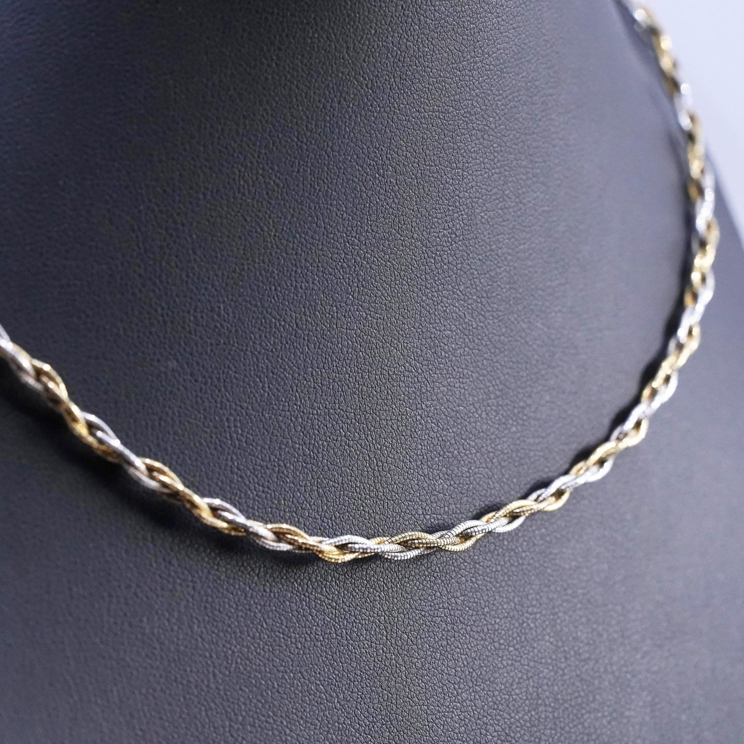 17+2”, two tone Sterling silver necklace, woven braided 925 snake chain choker