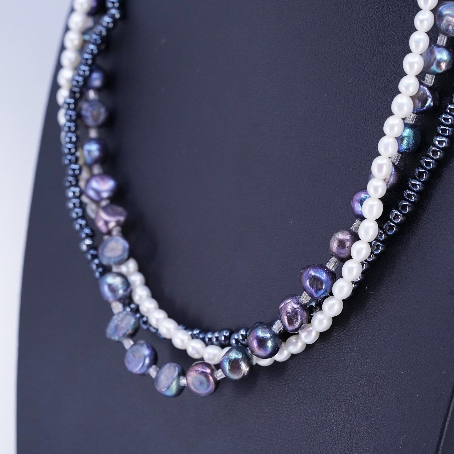 18" VTG Sterling 925 Silver Multi Strands triple tone freshwater pearl Necklace