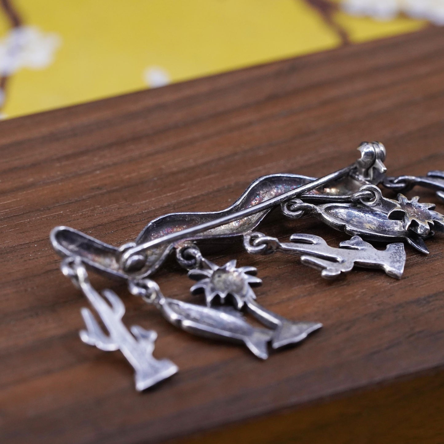 VTG Mexican sterling 925 silver handmade brooch cactus palm tree fish charms