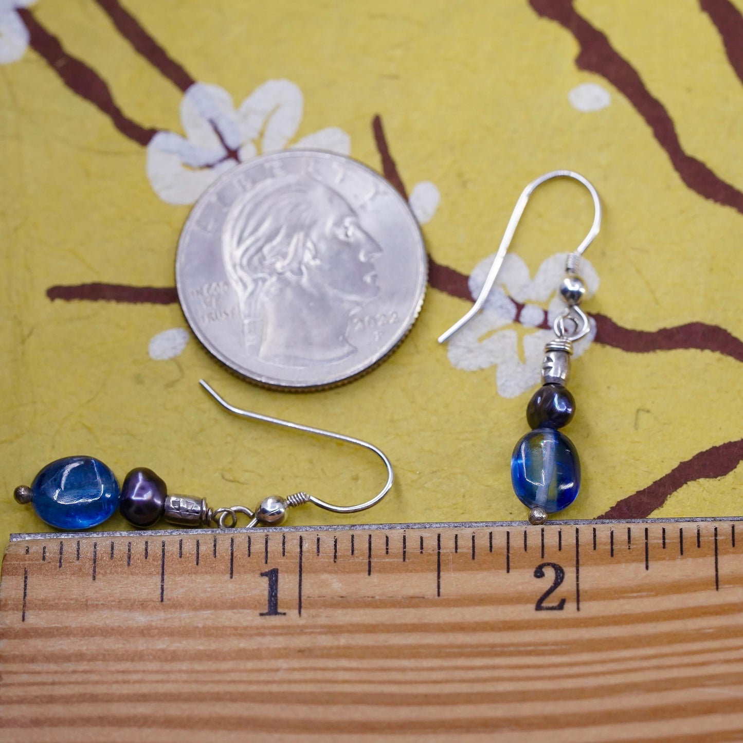 Vintage sterling 925 silver handmade earrings with blue glass bead