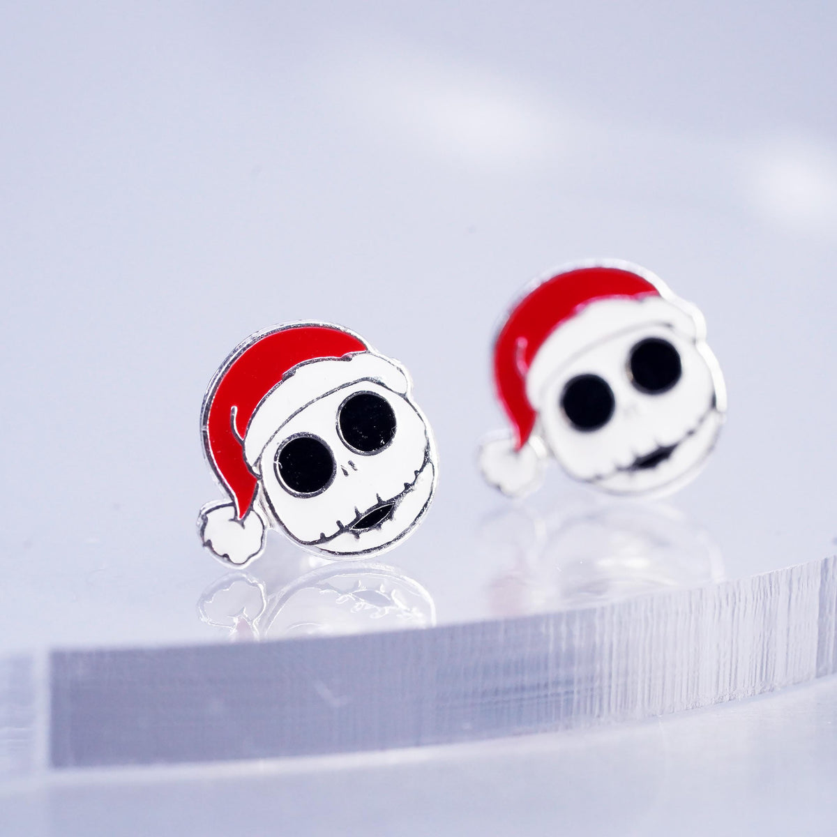 Jack Santa Hat Earrings, Christmas Skeleton Enamel Sterling 925 Silver Studs