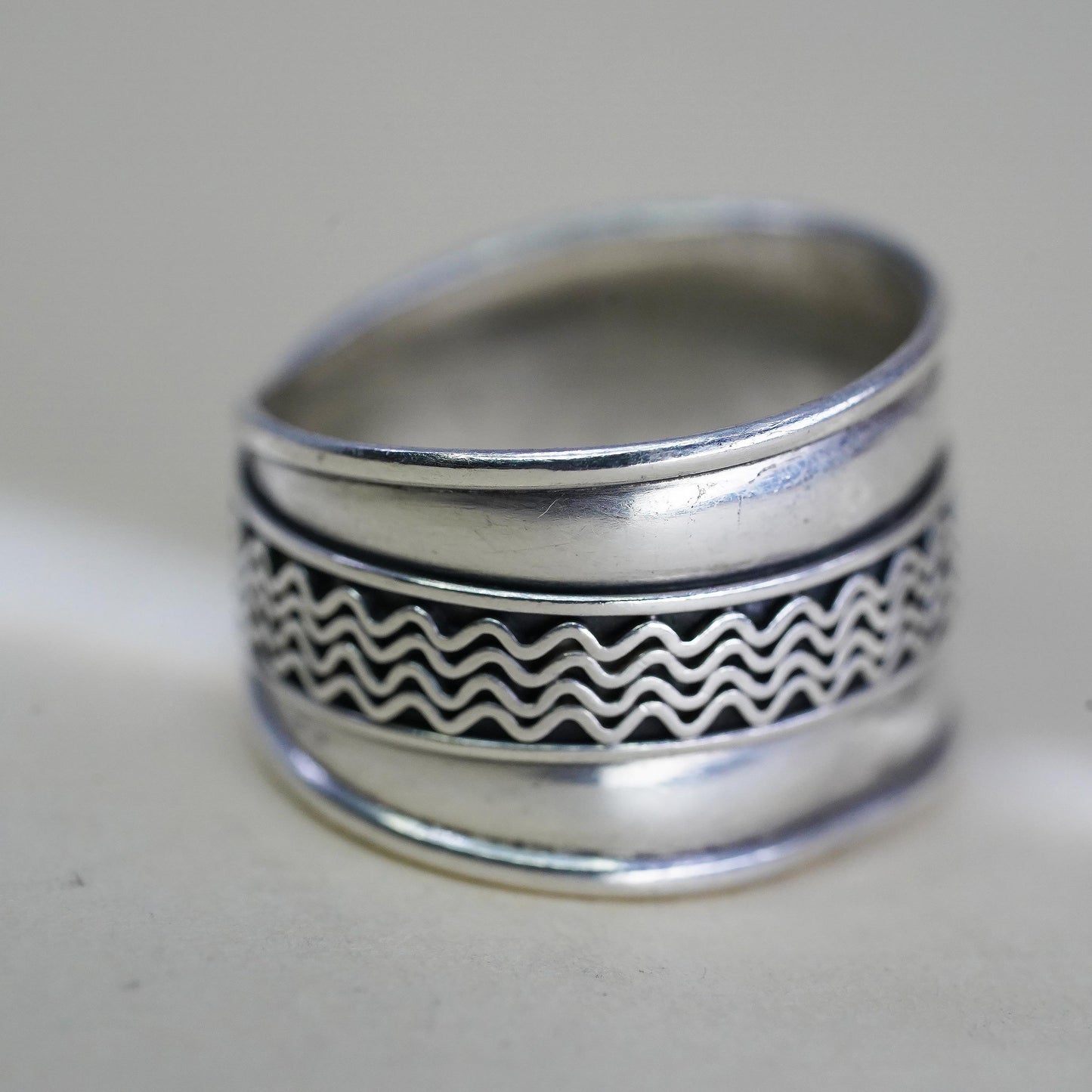 Size 6, Wide Vintage Sterling Silver Band Ring, Scroll Filigree, Unisex Jewelry