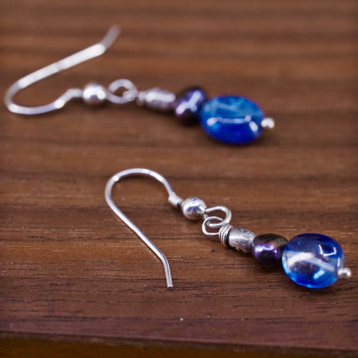 Vintage sterling 925 silver handmade earrings with blue glass bead