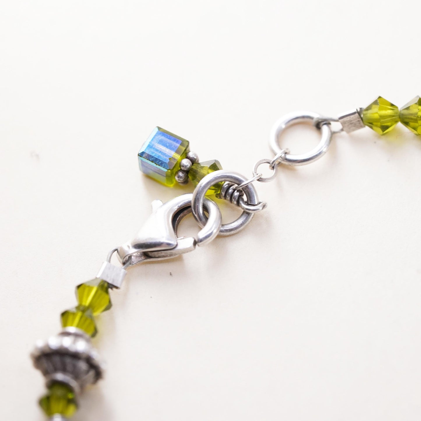 7", vintage Sterling silver handmade bracelet, 925 beads chain green Crystal