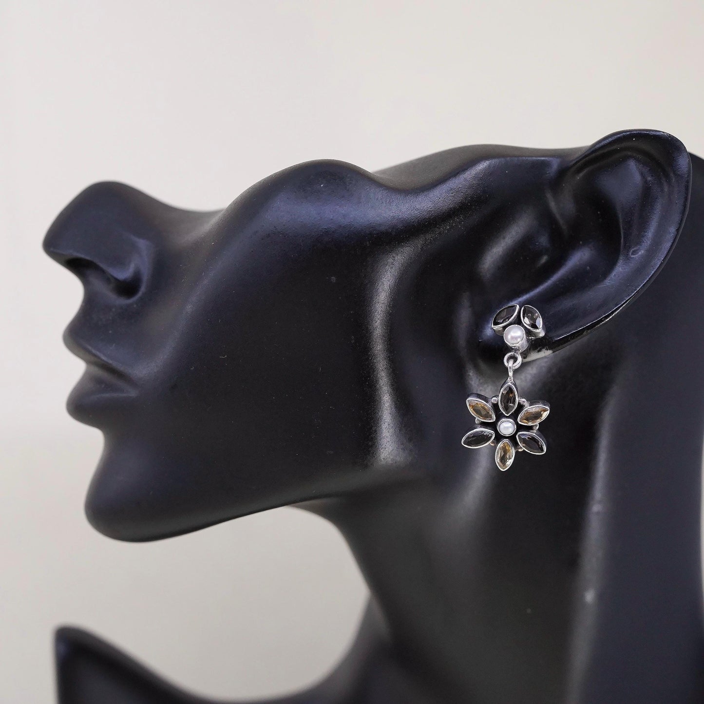 Sterling silver earrings, 925 multi gemstones flower citrine pearl smoky quartz