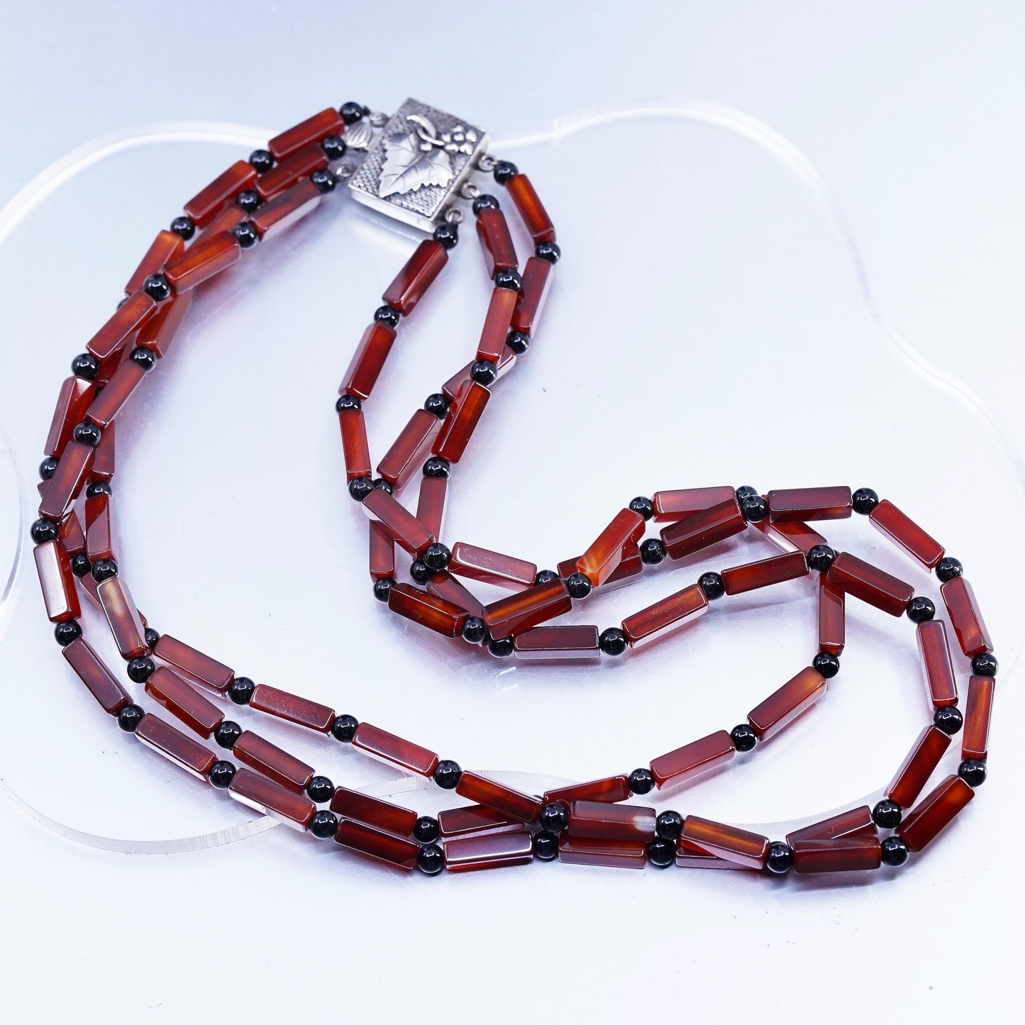 18" Sterling 925 Silver Multi Strands carnelian tube Necklace black onyx beads