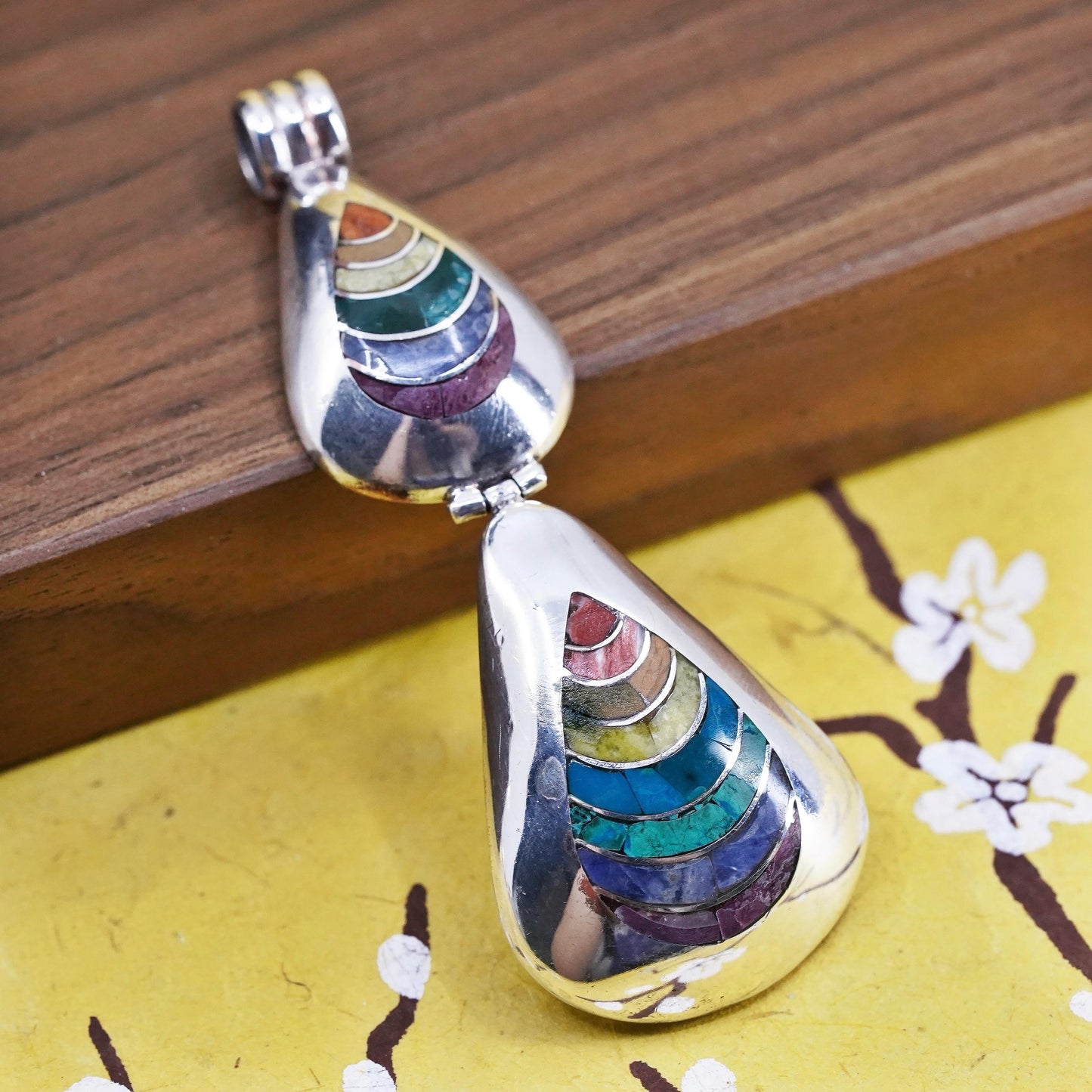 Sterling 950 silver pendant Peruvian Inca silver turquoise, MOP carol