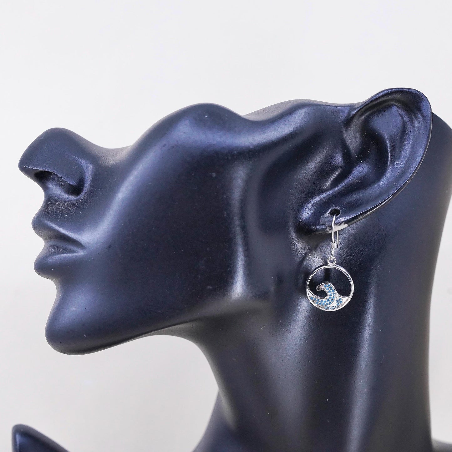 VTG Sterling silver handmade earrings, 925 ocean waves dangles cluster blue cz