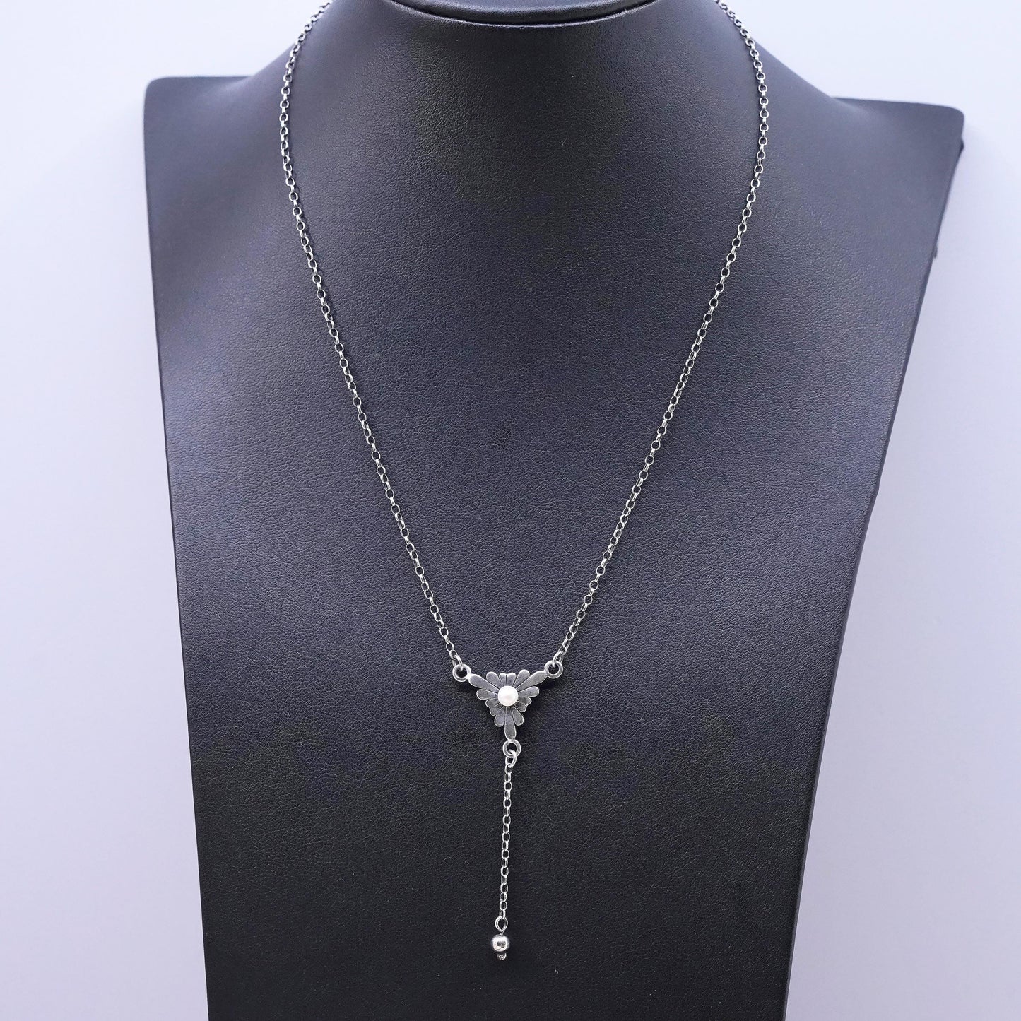 16", vintage Sterling 925 silver handmade necklace w/ freshwater pearl pendant