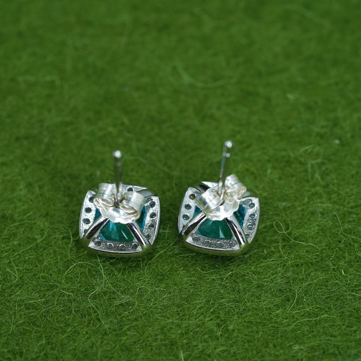 vintage sterling silver earrings w/ blue topaz and cz around, 925 silver studs