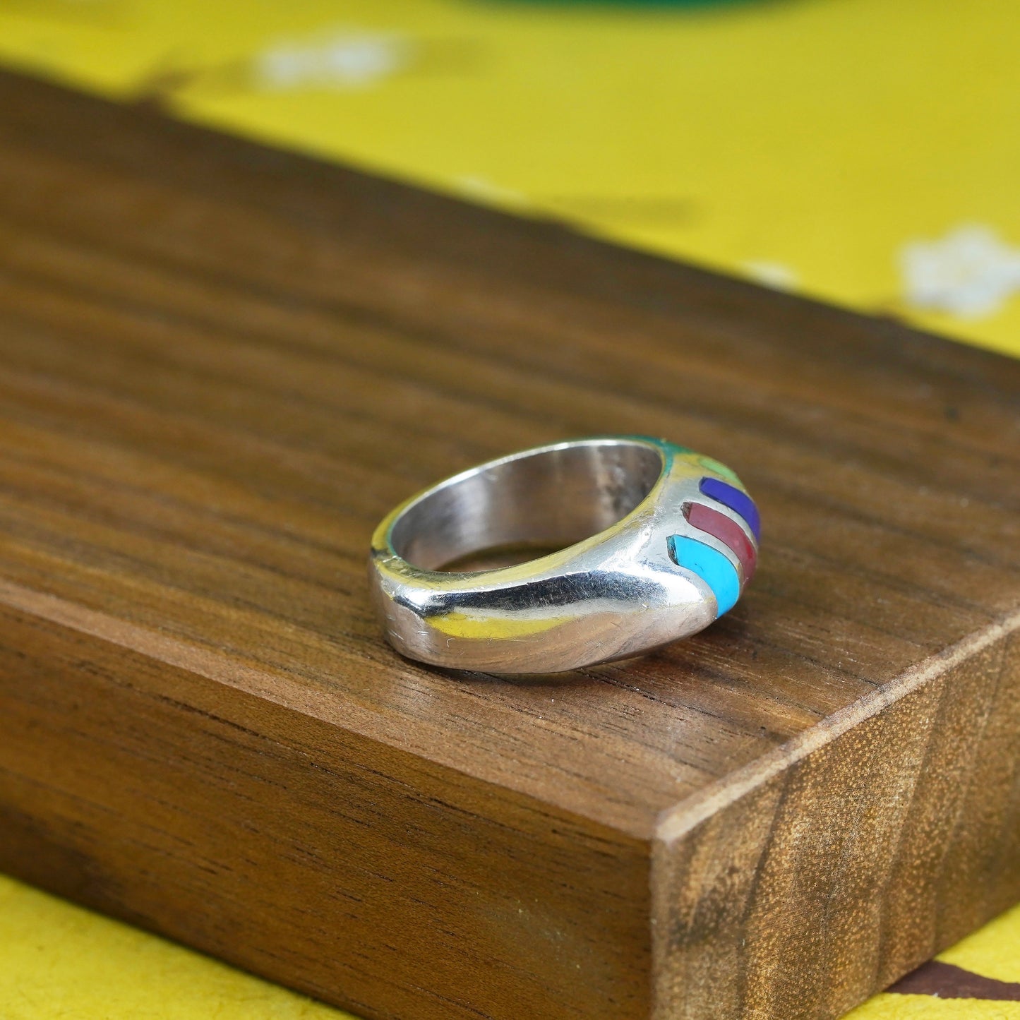Size 6.5, Mexican Sterling silver ring, 925 band turquoise coral lapis lazuli